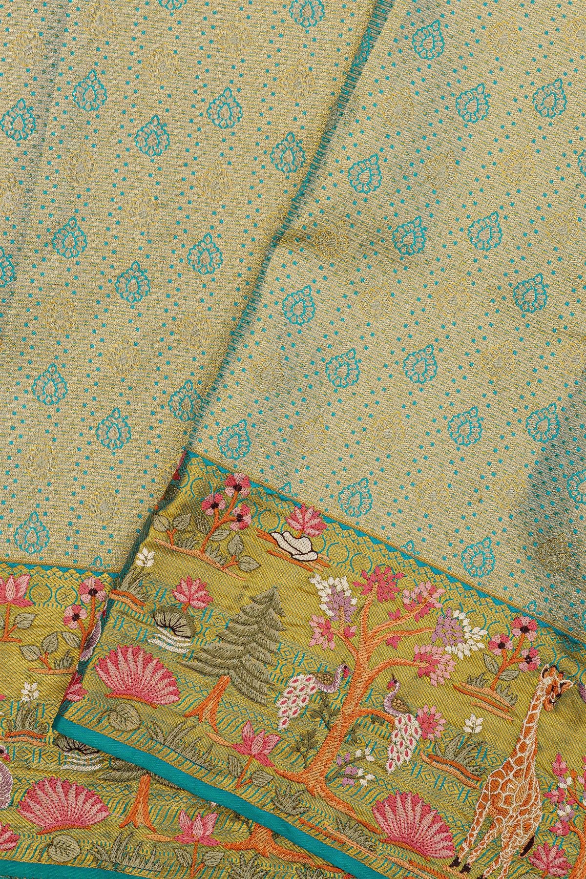 Fusion Kancheepuram Tissue Sky Blue Saree With Peacocks And Swans In Thread Work Border