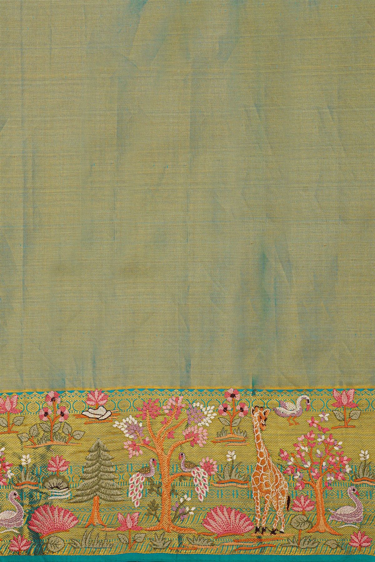 Fusion Kancheepuram Tissue Sky Blue Saree With Peacocks And Swans In Thread Work Border