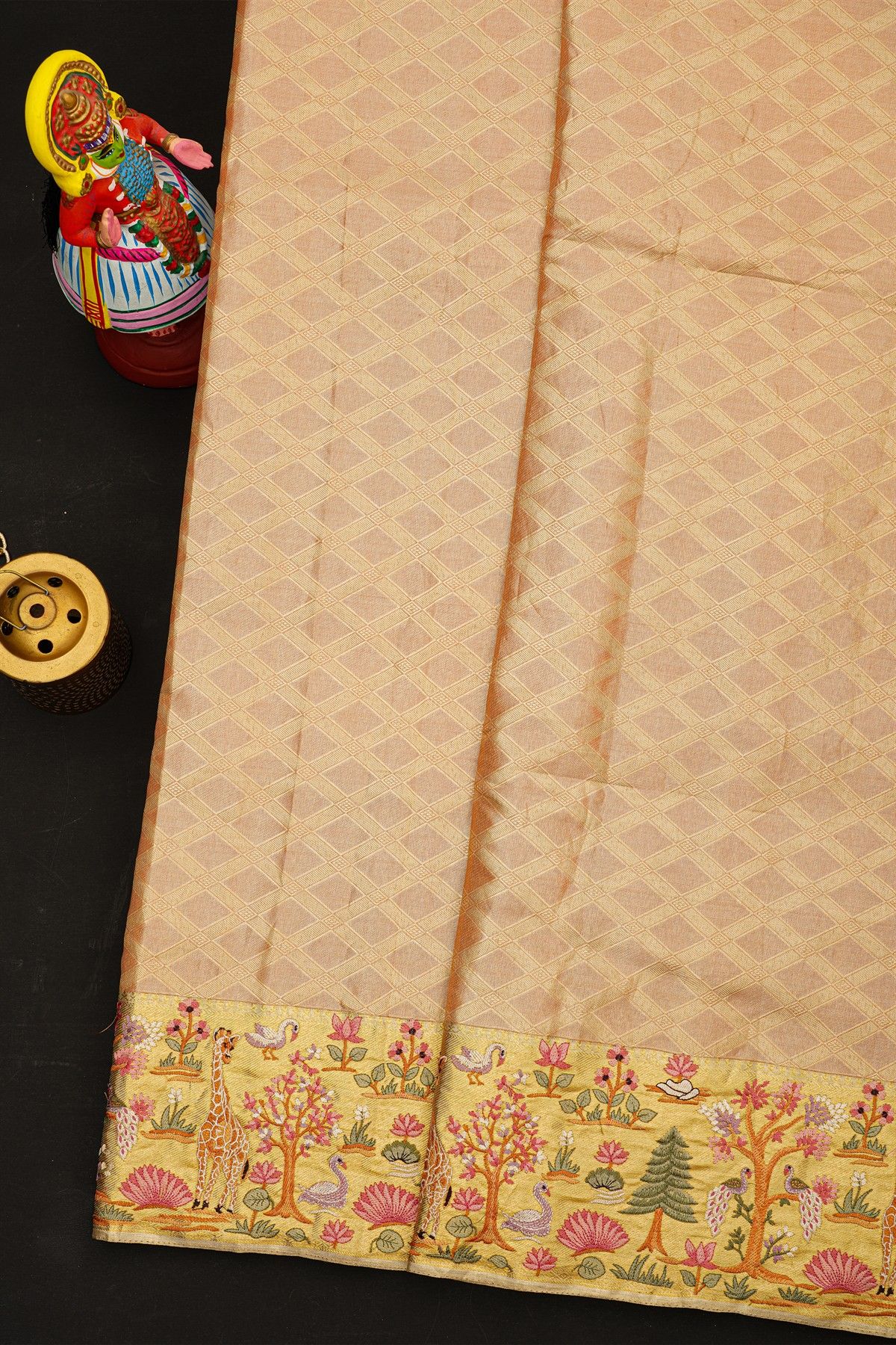 Fusion Kancheepuram Tissue Peach Saree With Florals And Animals In Thread Work