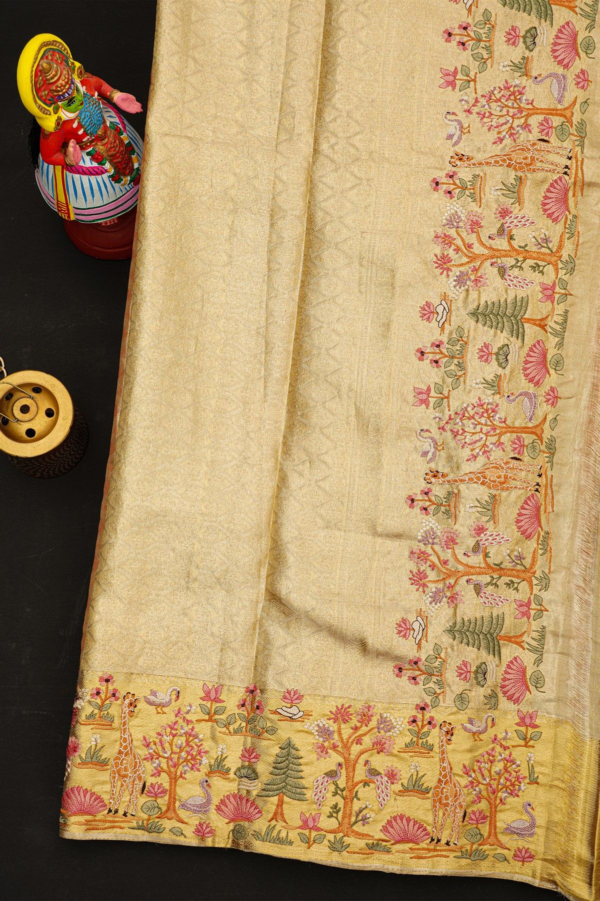 Fusion Kancheepuram Tissue Peach Saree With Florals And Animals In Thread Work