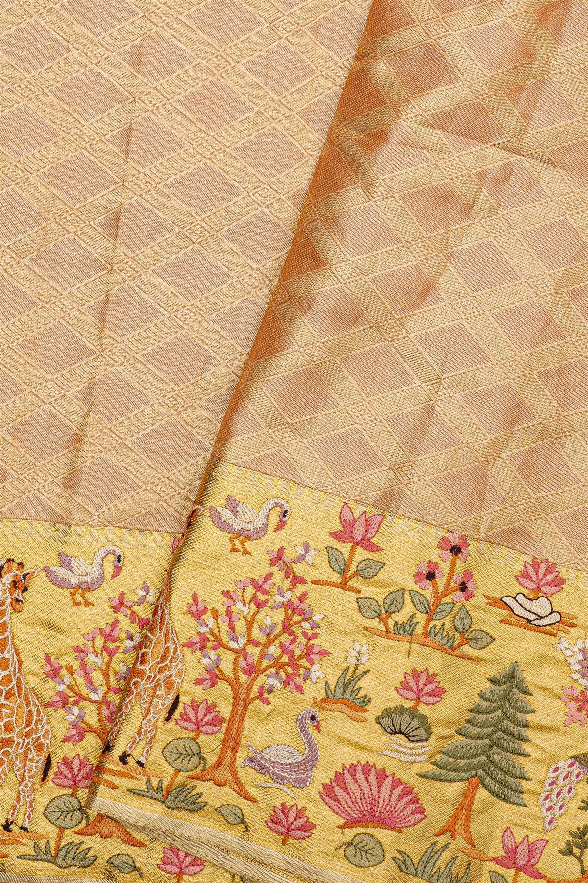 Fusion Kancheepuram Tissue Peach Saree With Florals And Animals In Thread Work
