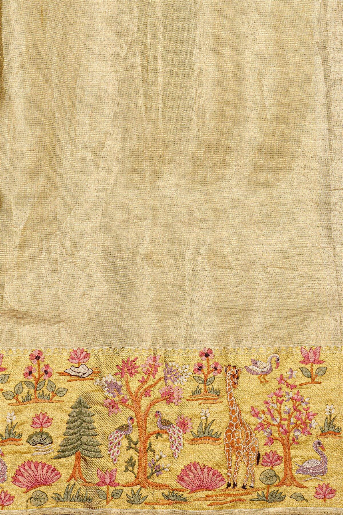 Fusion Kancheepuram Tissue Peach Saree With Florals And Animals In Thread Work