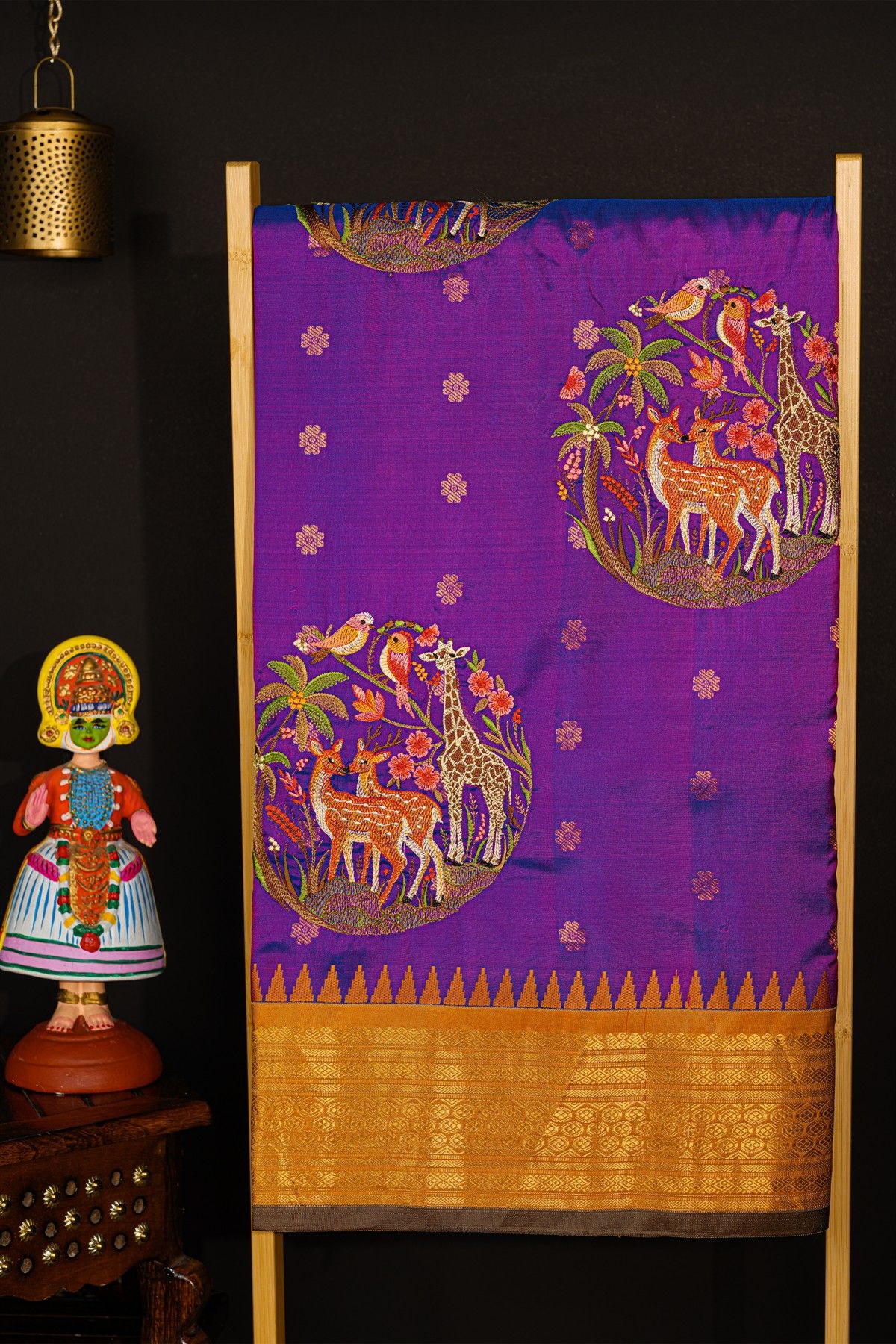 Fusion Kancheepuram Silk Dark Purple Saree With Silk Thread Work Body