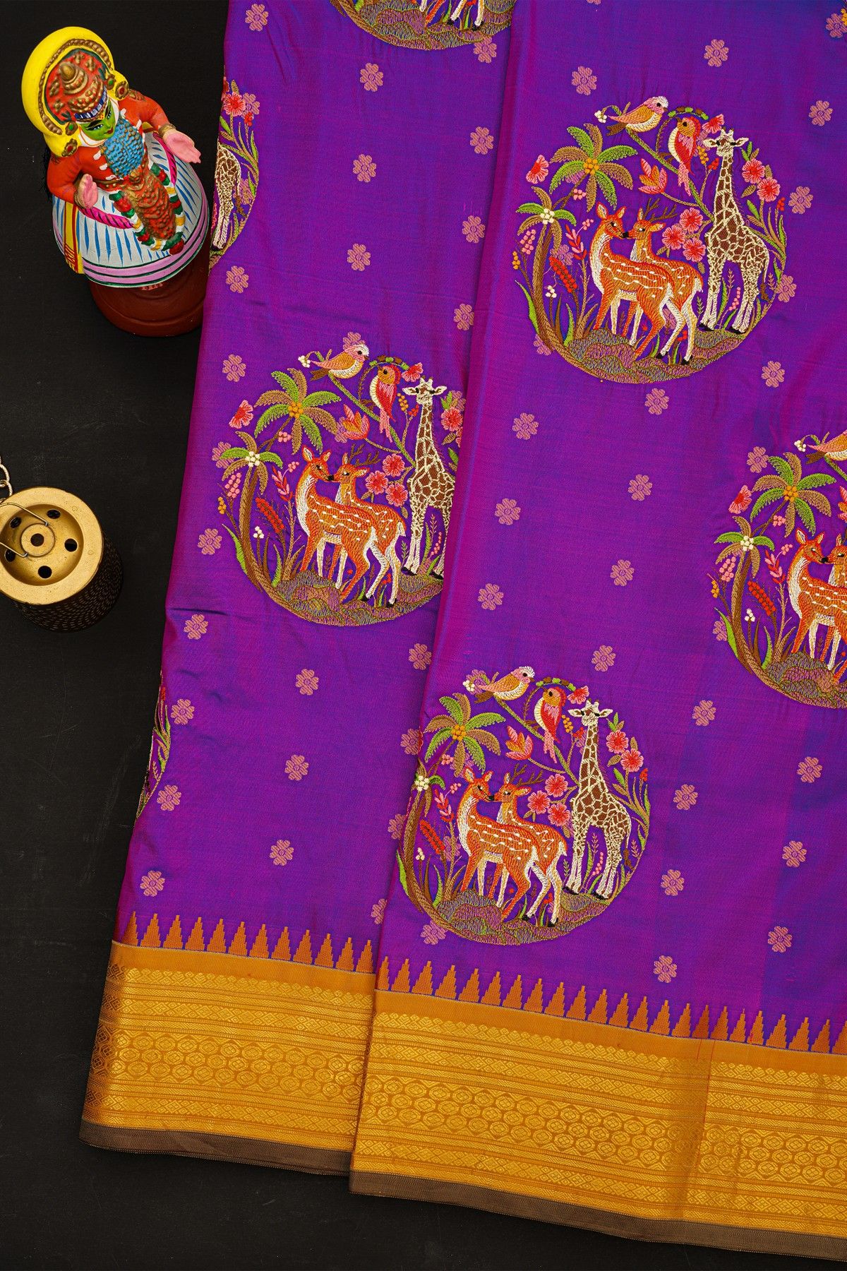 Fusion Kancheepuram Silk Dark Purple Saree With Silk Thread Work Body