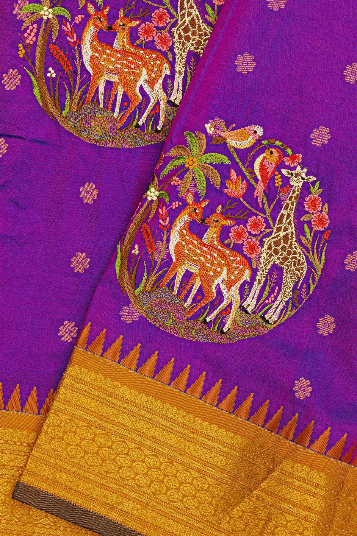 Fusion Kancheepuram Silk Dark Purple Saree With Silk Thread Work Body