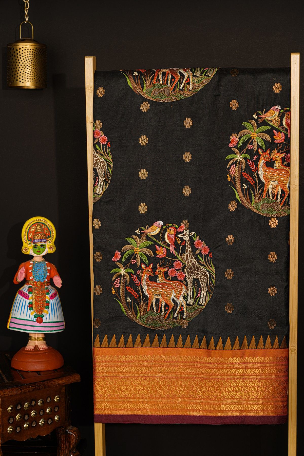 Fusion Kancheepuram Silk Black Saree With Silk Thread Work Body