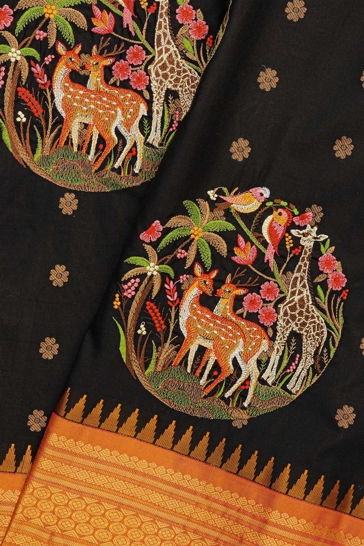 Fusion Kancheepuram Silk Black Saree With Silk Thread Work Body