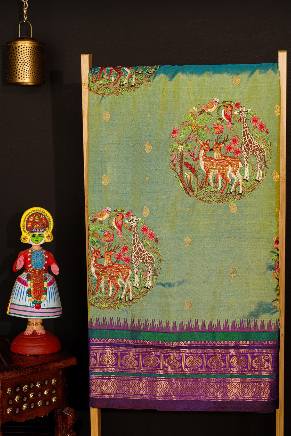Fusion Kancheepuram Silk Pista Green Saree With Silk Thread Work Body