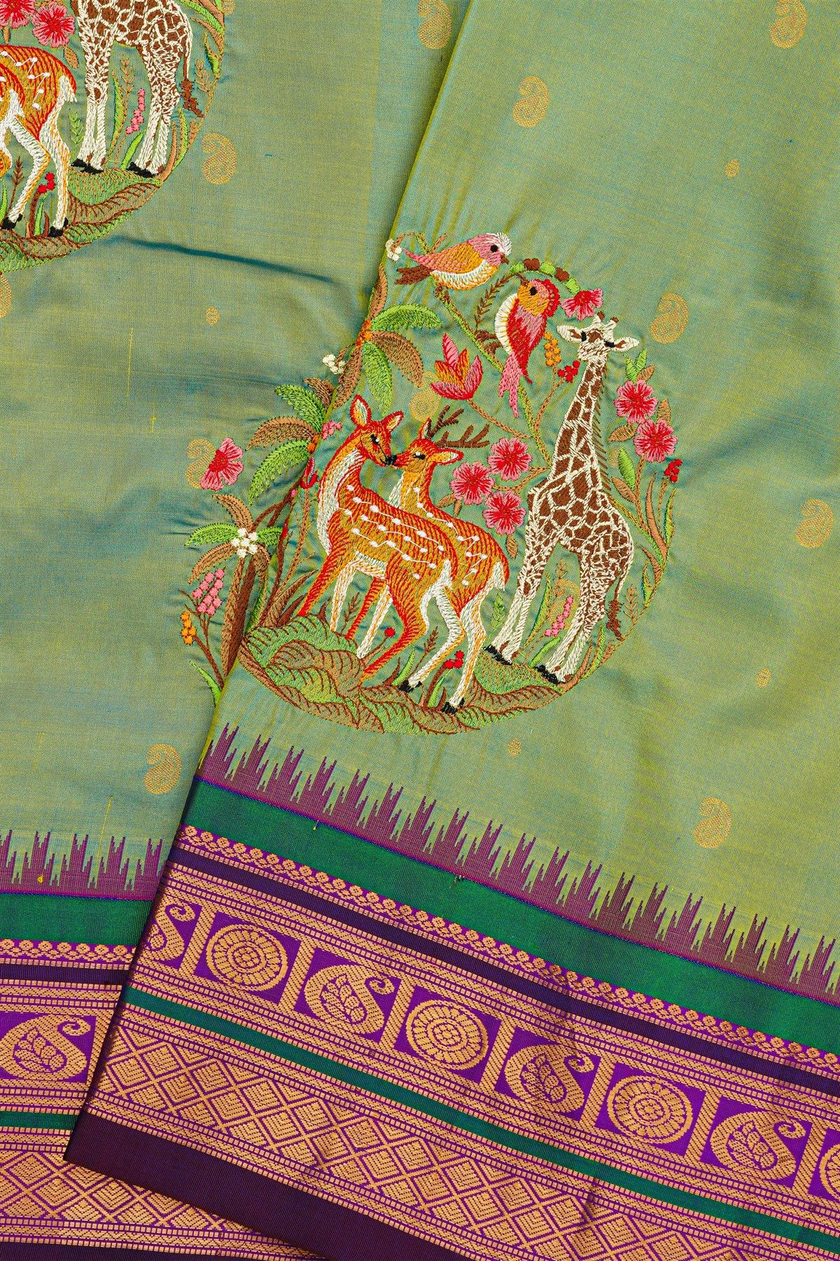 Fusion Kancheepuram Silk Pista Green Saree With Silk Thread Work Body