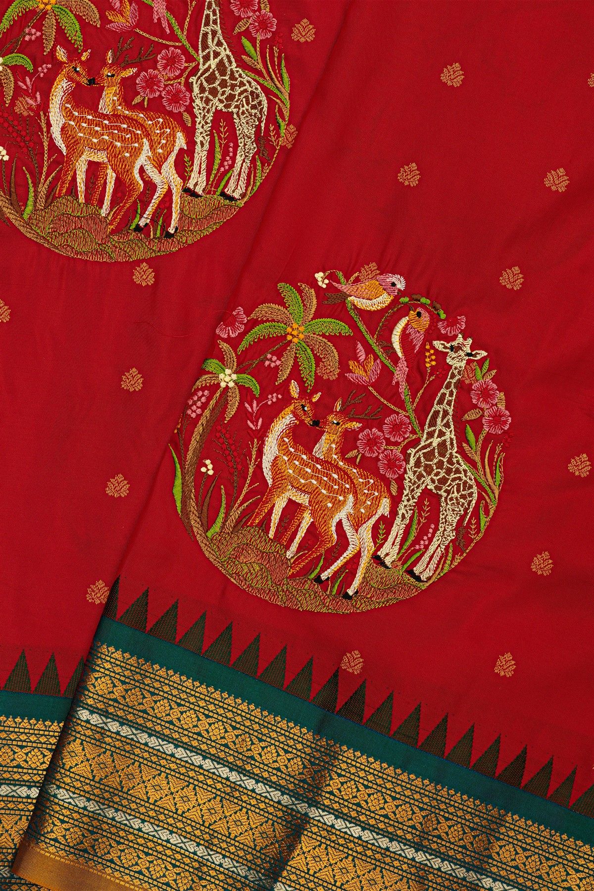 Fusion Kancheepuram Silk Red Saree With Silk Thread Work Body
