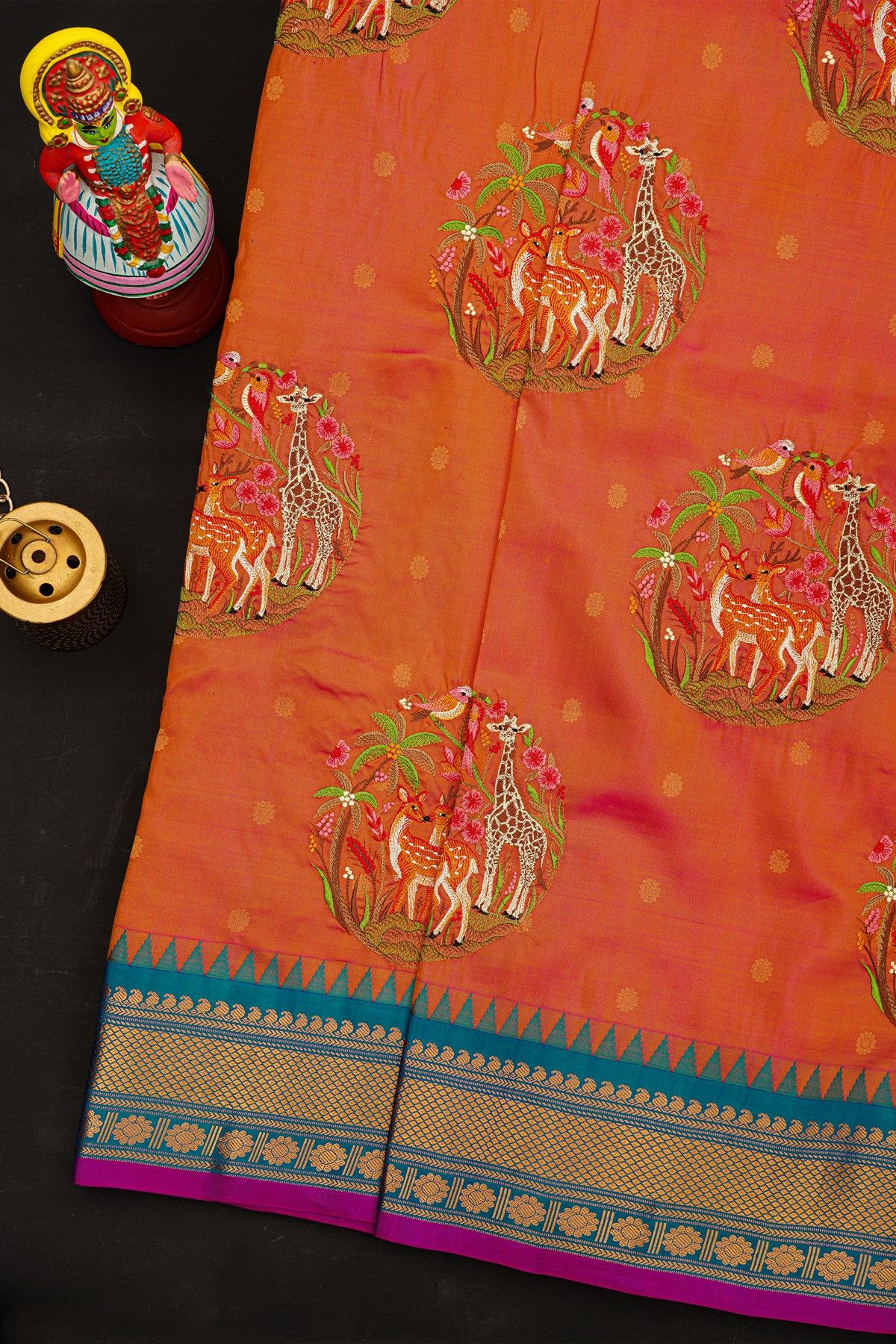 Fusion Kancheepuram Tissue Light Orange Saree With Silk Thread Work Body