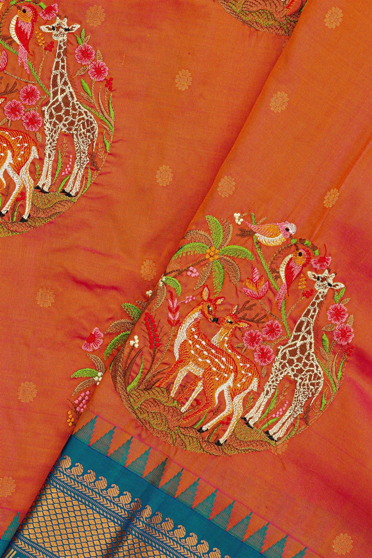 Fusion Kancheepuram Tissue Light Orange Saree With Silk Thread Work Body