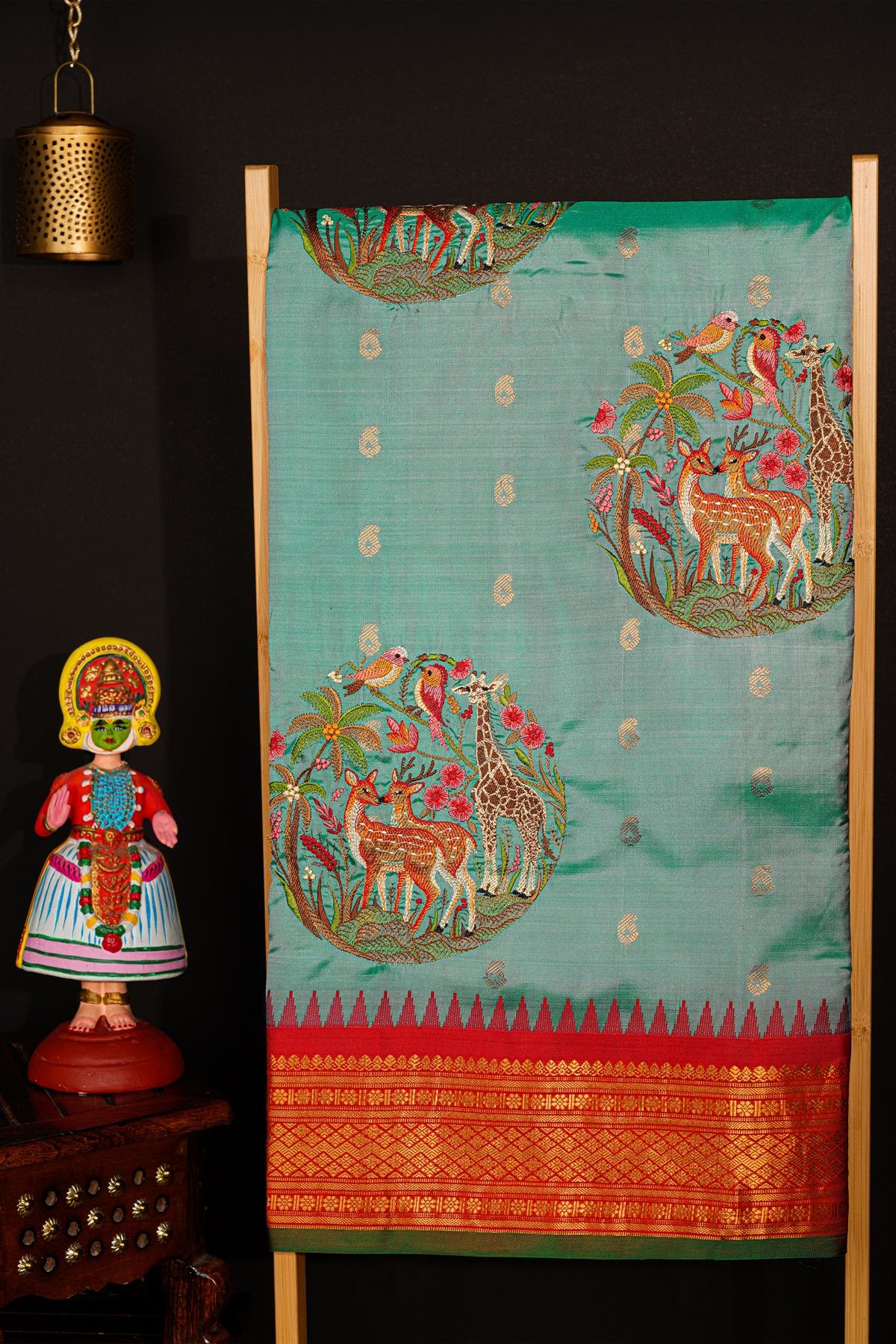 Fusion Kancheepuram Silk Sea Green Saree With Silk Thread Work Body