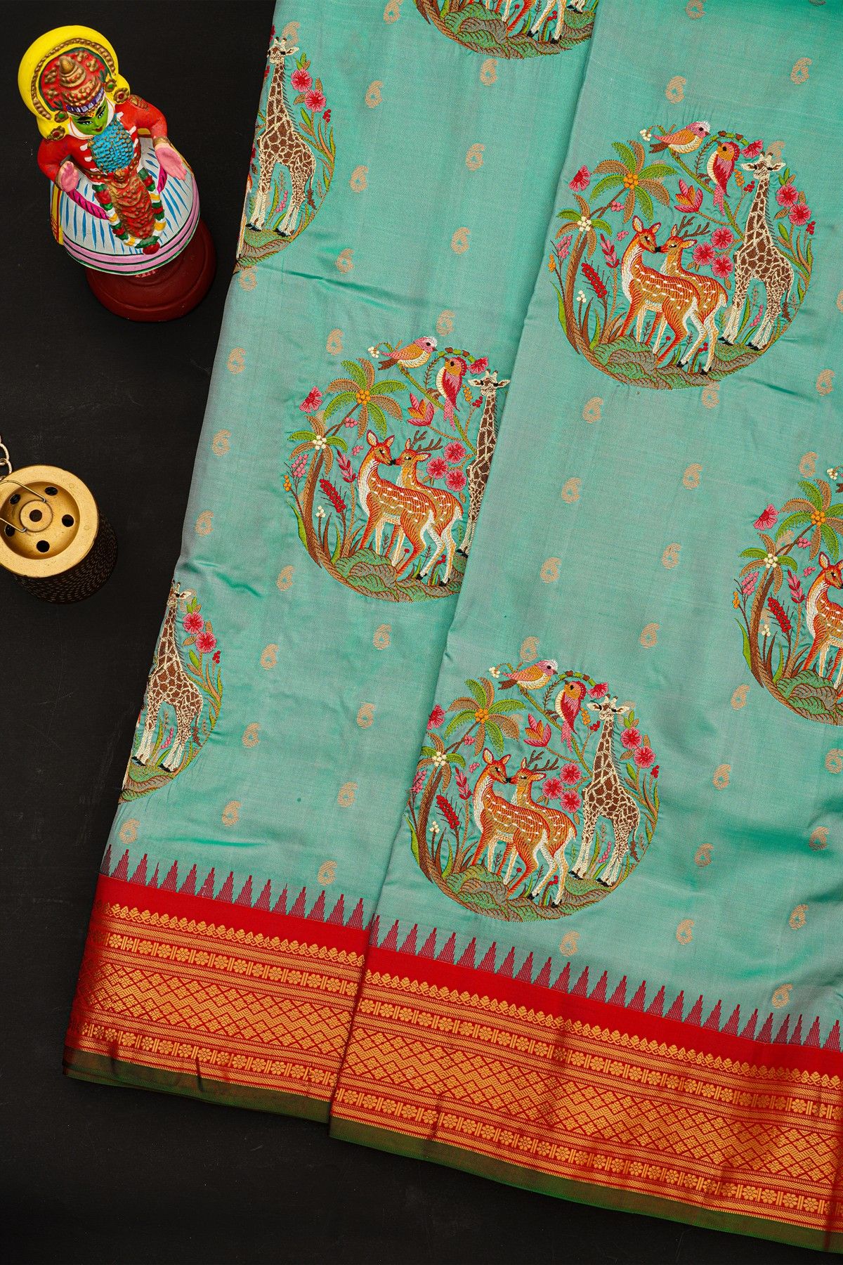 Fusion Kancheepuram Silk Sea Green Saree With Silk Thread Work Body