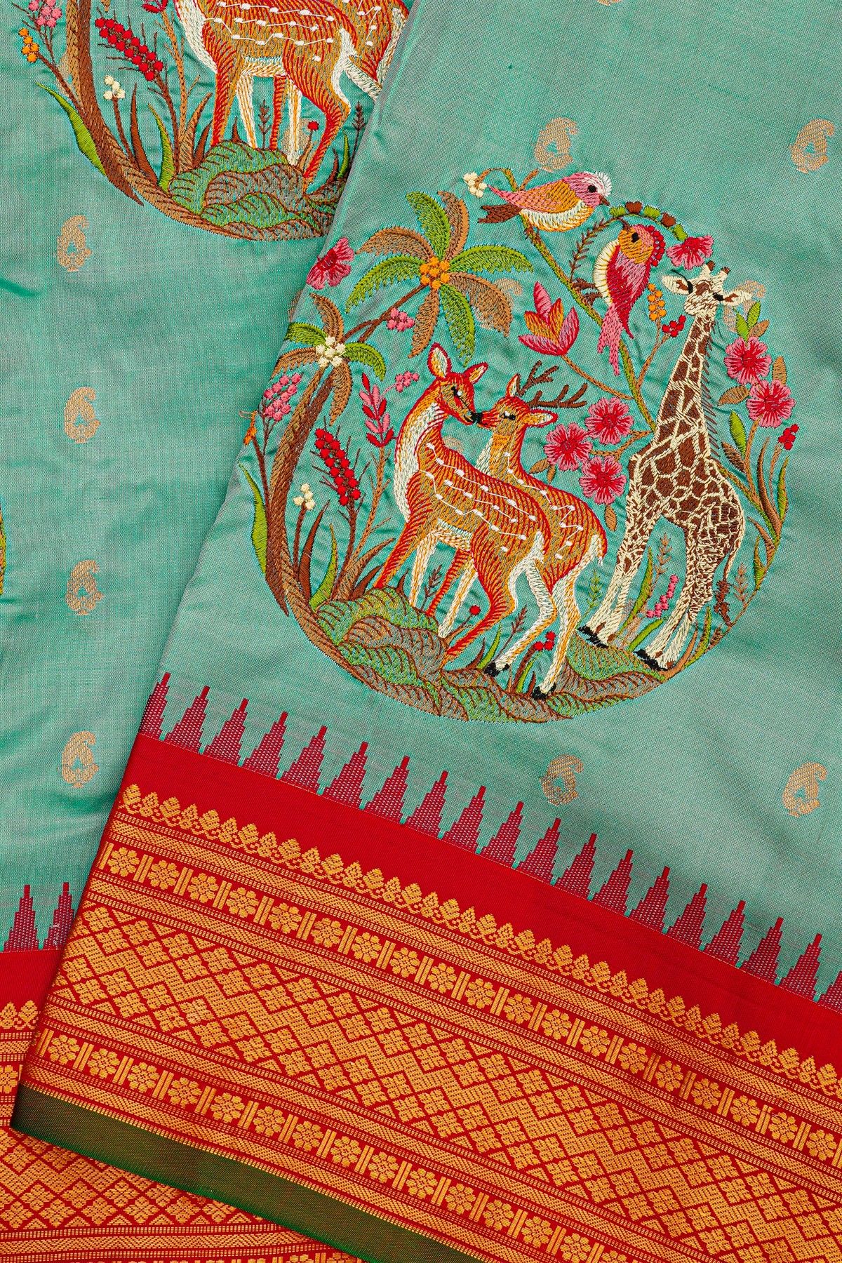 Fusion Kancheepuram Silk Sea Green Saree With Silk Thread Work Body