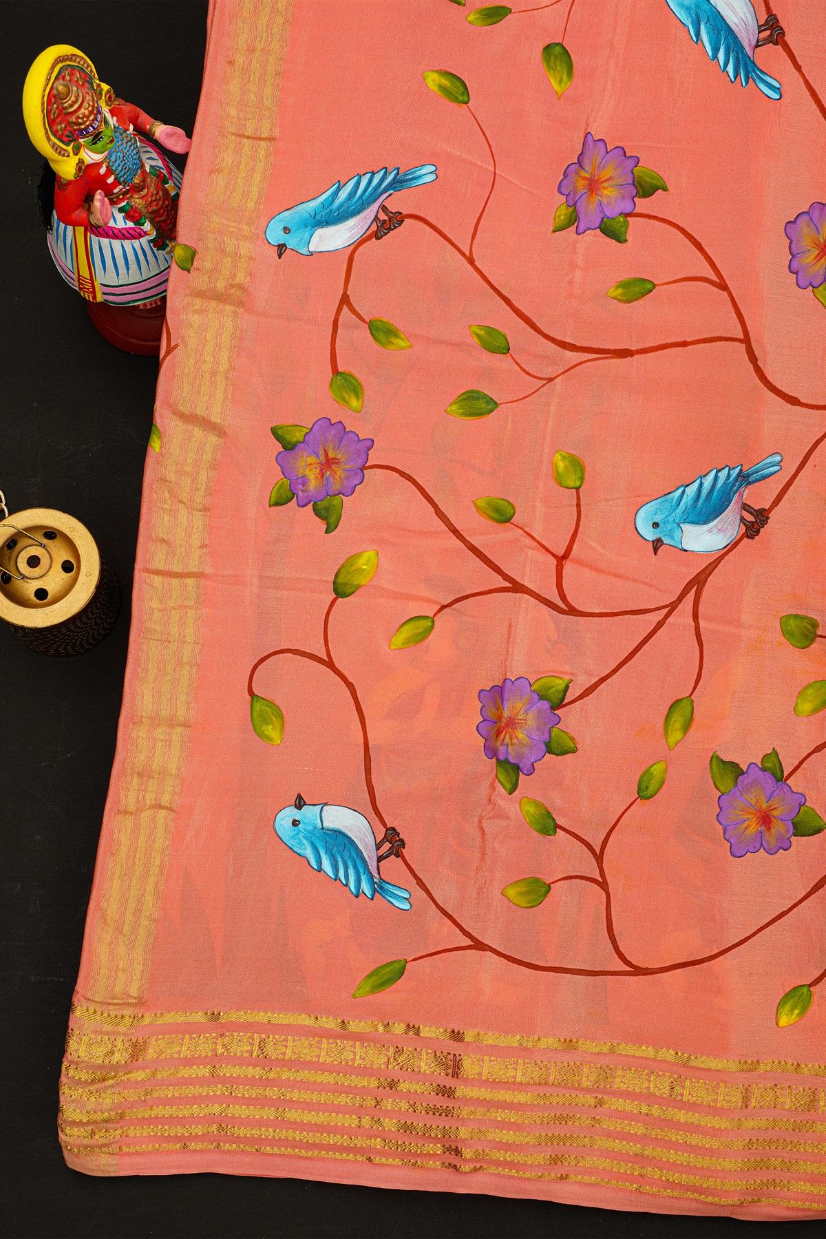 Fusion Mysore Crepe Pink Saree With Hand Print Women Motifs Body