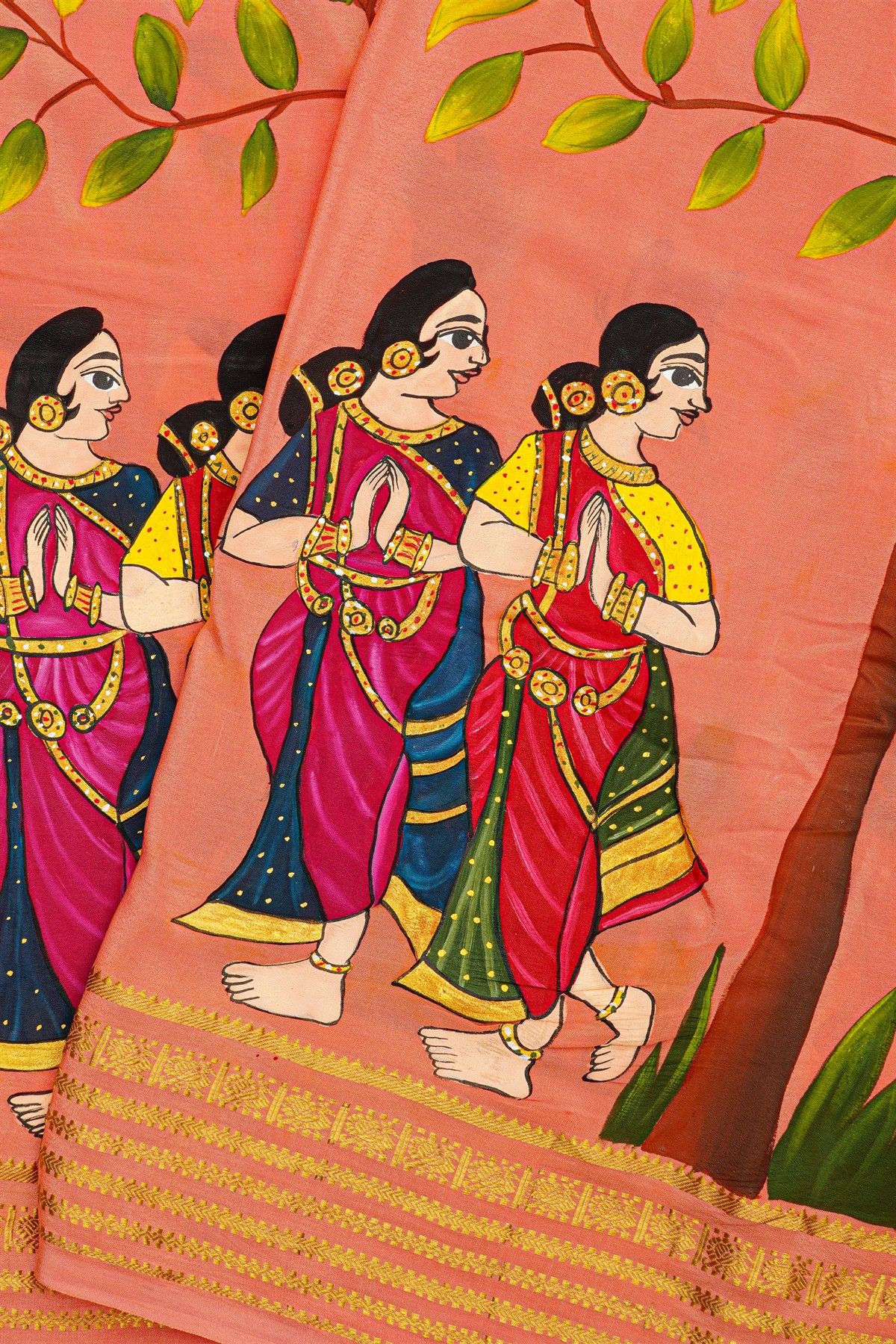 Fusion Mysore Crepe Pink Saree With Hand Print Women Motifs Body