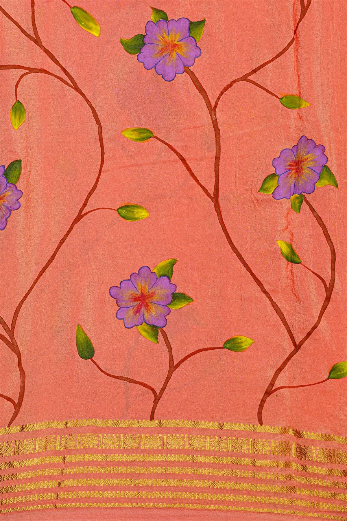 Fusion Mysore Crepe Pink Saree With Hand Print Women Motifs Body