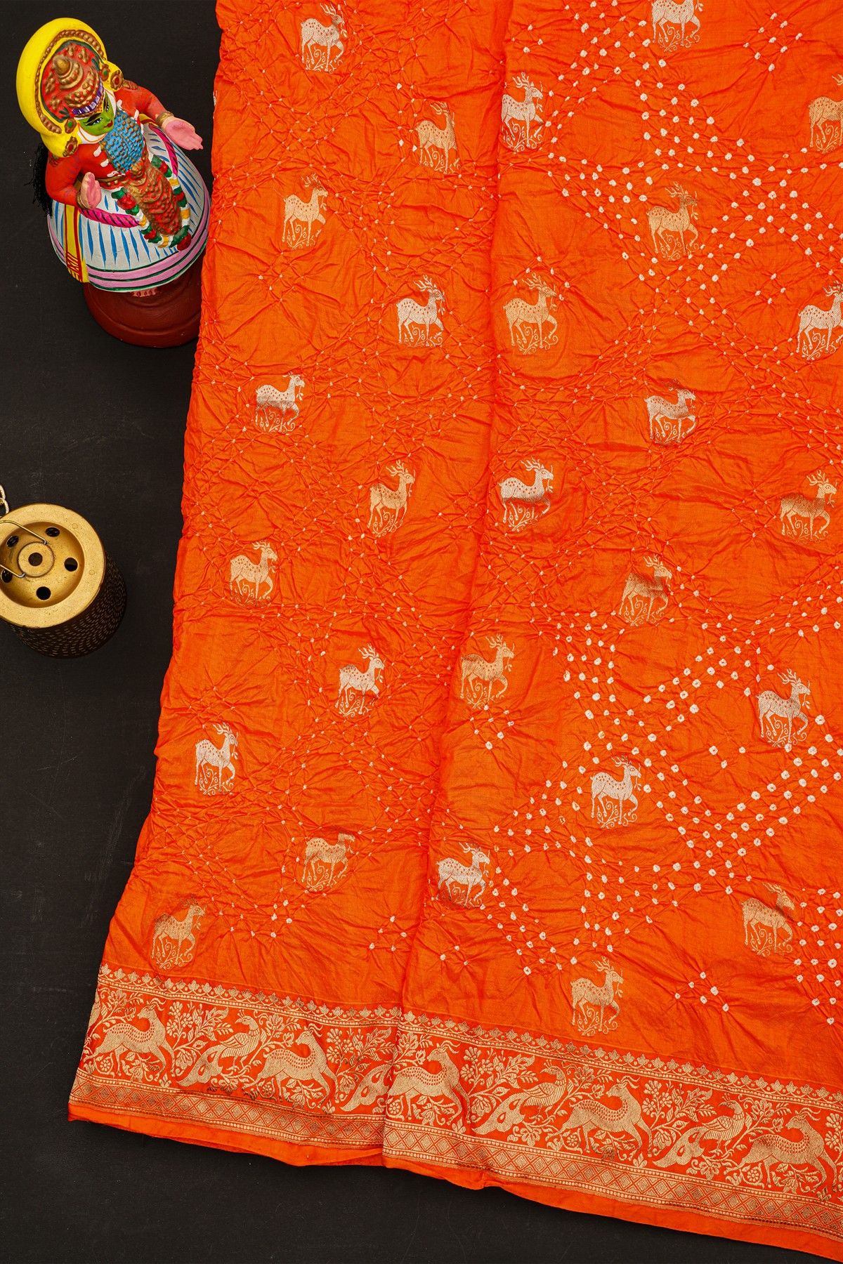 Bandhani Silk Orange Saree With Florals And Deers In Bandhani Body