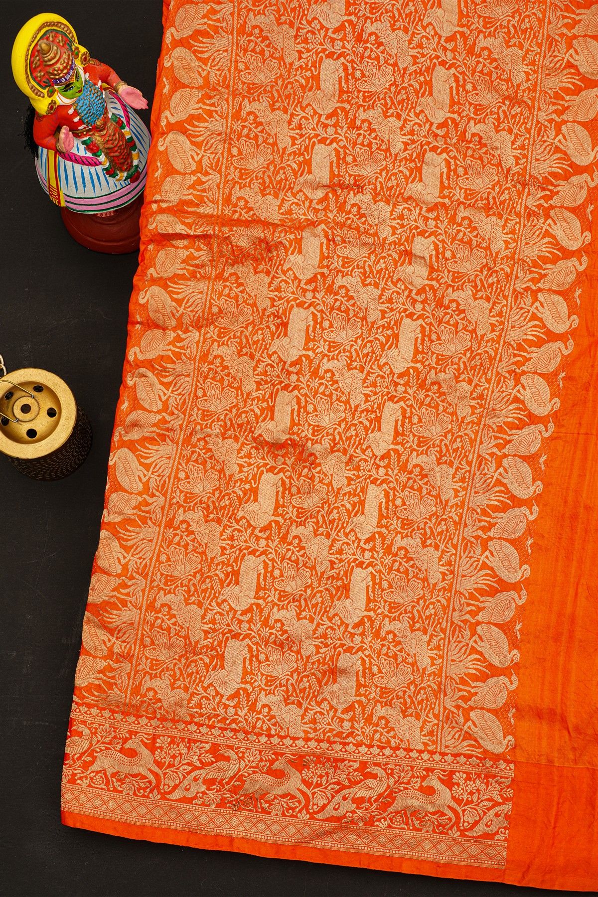 Bandhani Silk Orange Saree With Florals And Deers In Bandhani Body