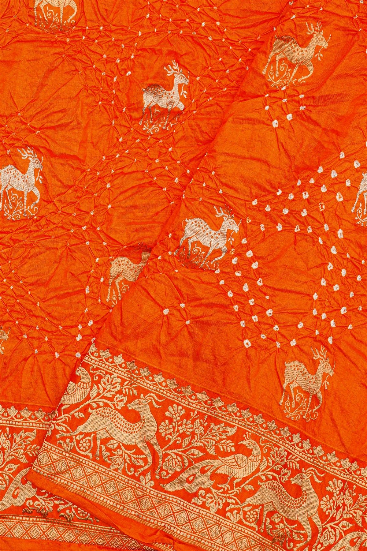 Bandhani Silk Orange Saree With Florals And Deers In Bandhani Body
