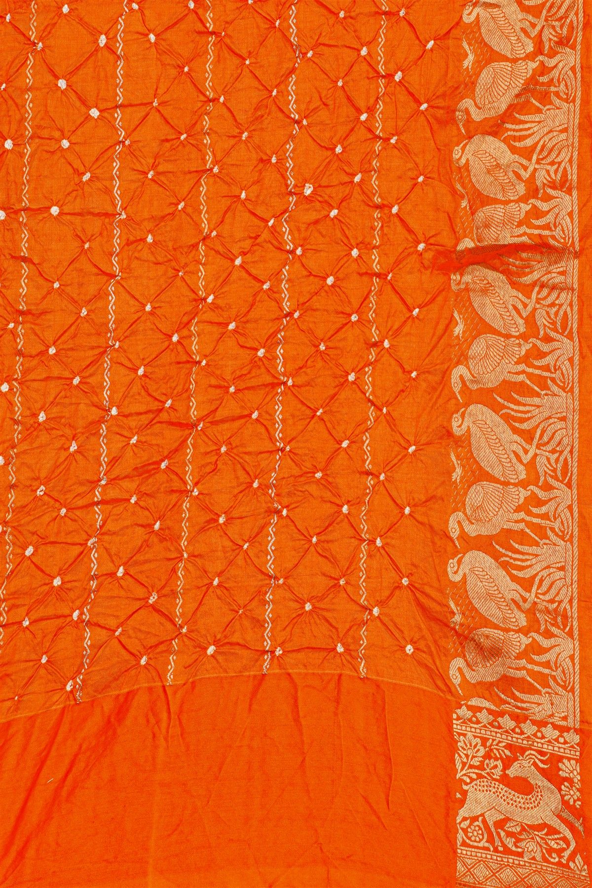 Bandhani Silk Orange Saree With Florals And Deers In Bandhani Body