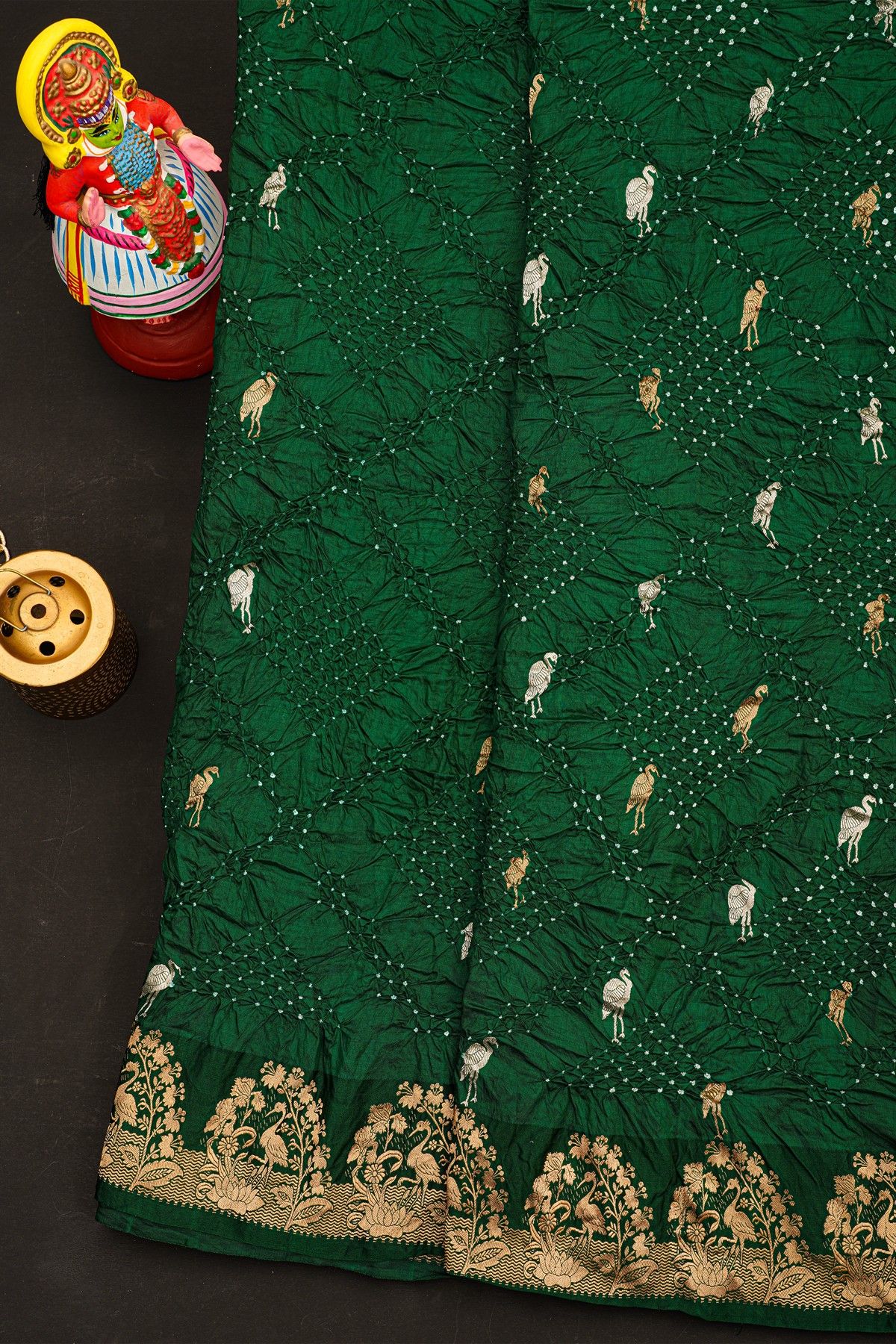 Bandhani Silk Bottle Green Saree With Swans In Bandhani Body
