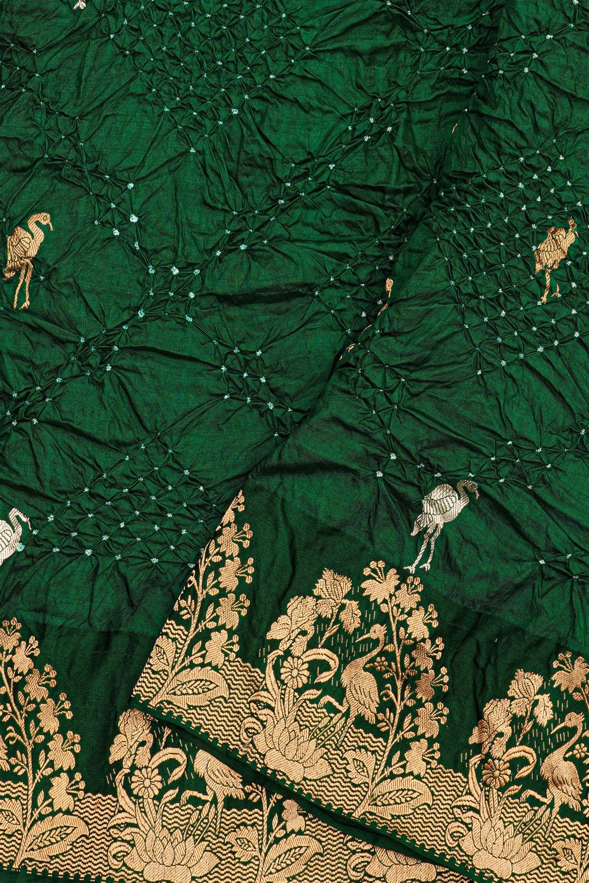 Bandhani Silk Bottle Green Saree With Swans In Bandhani Body