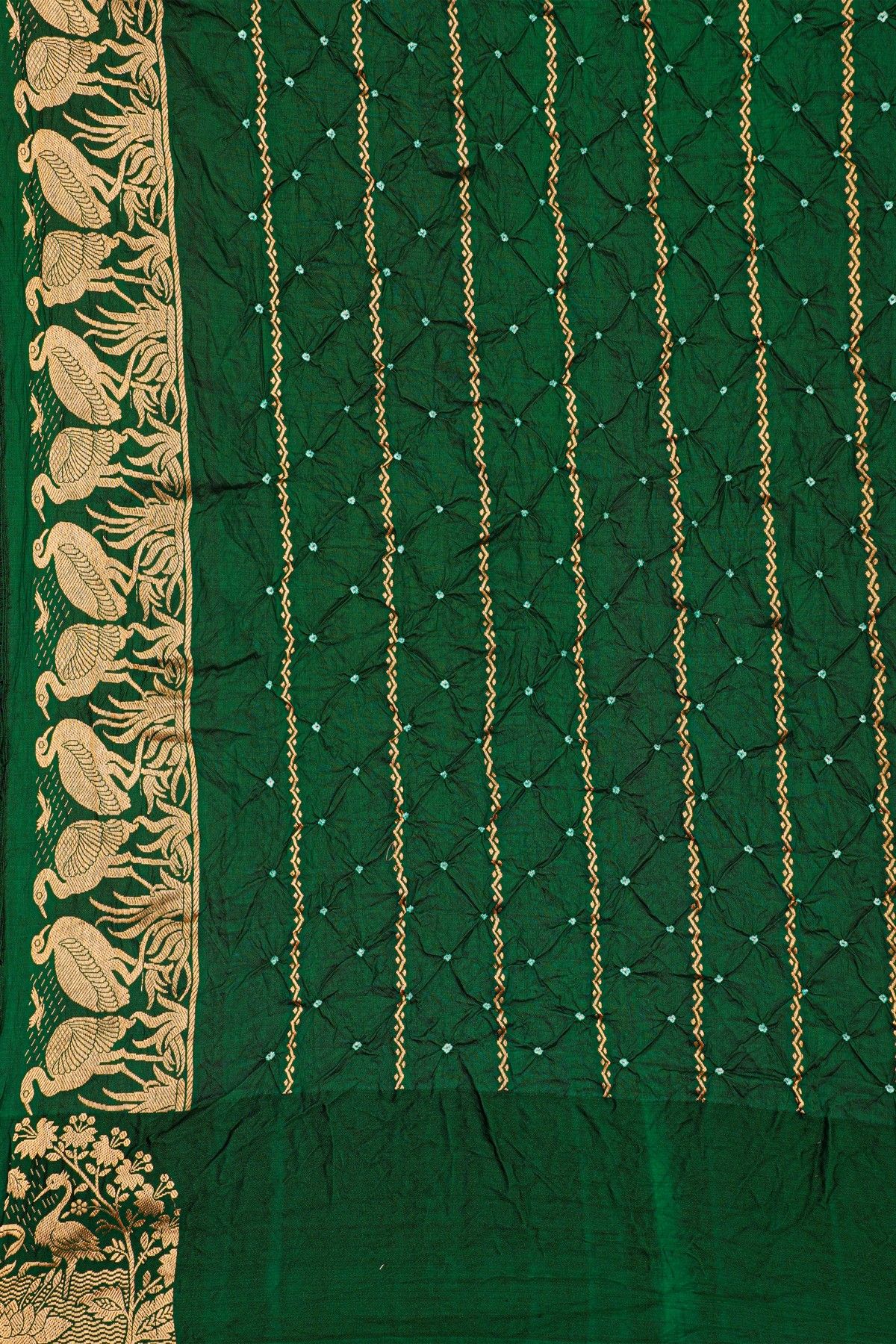Bandhani Silk Bottle Green Saree With Swans In Bandhani Body