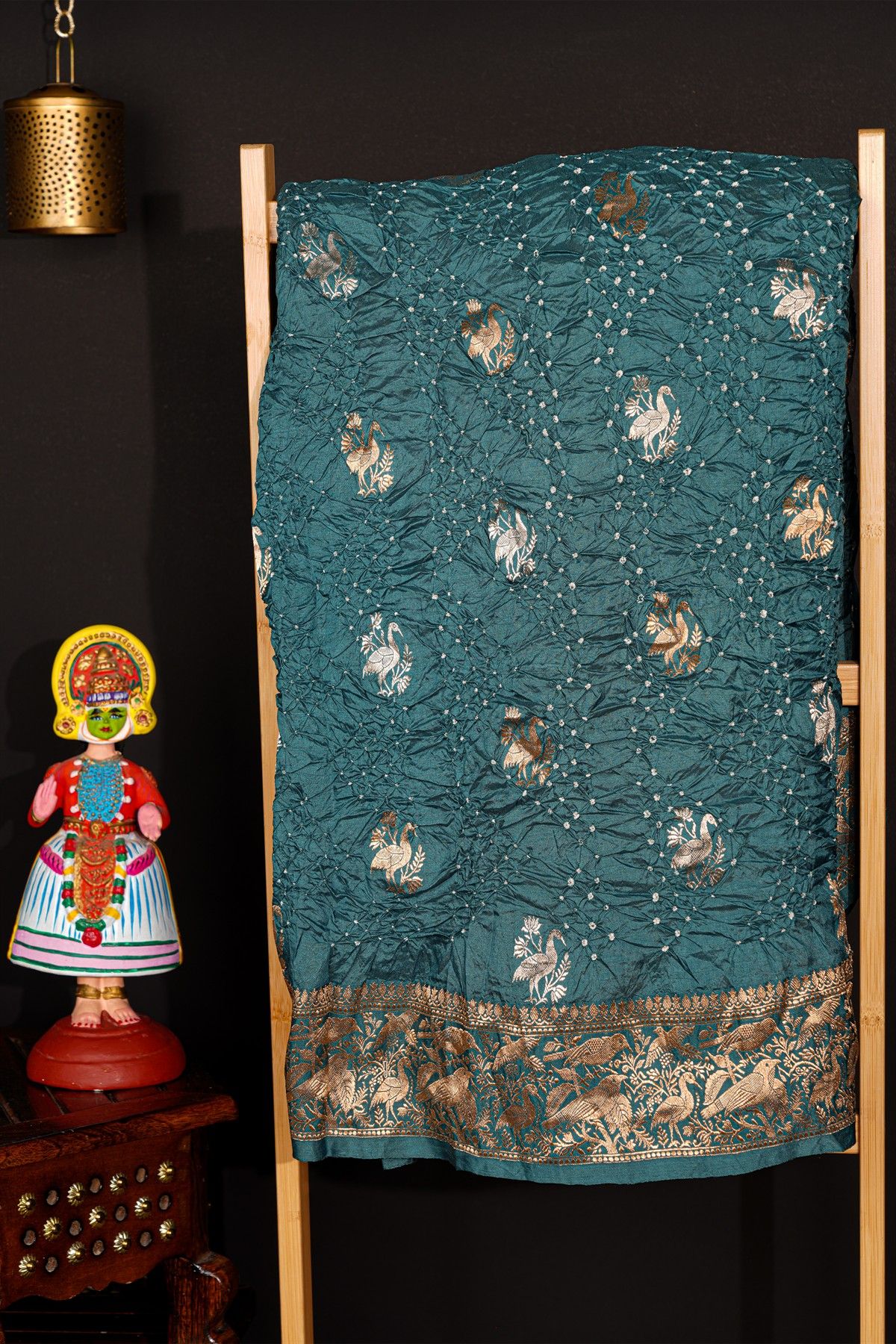 Bandhani Silk Teal Blue Saree With Swans In Bandhani Body