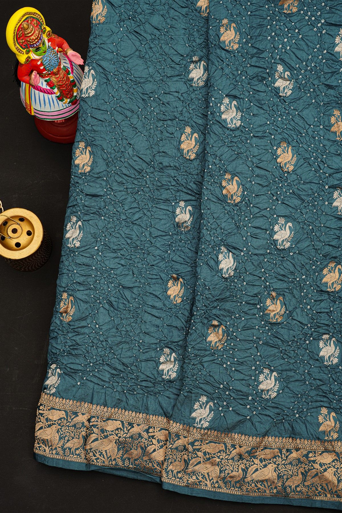 Bandhani Silk Teal Blue Saree With Swans In Bandhani Body