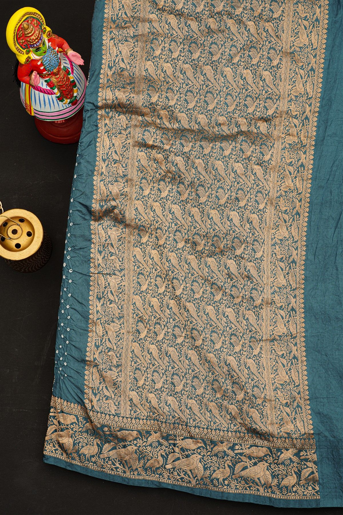 Bandhani Silk Teal Blue Saree With Swans In Bandhani Body