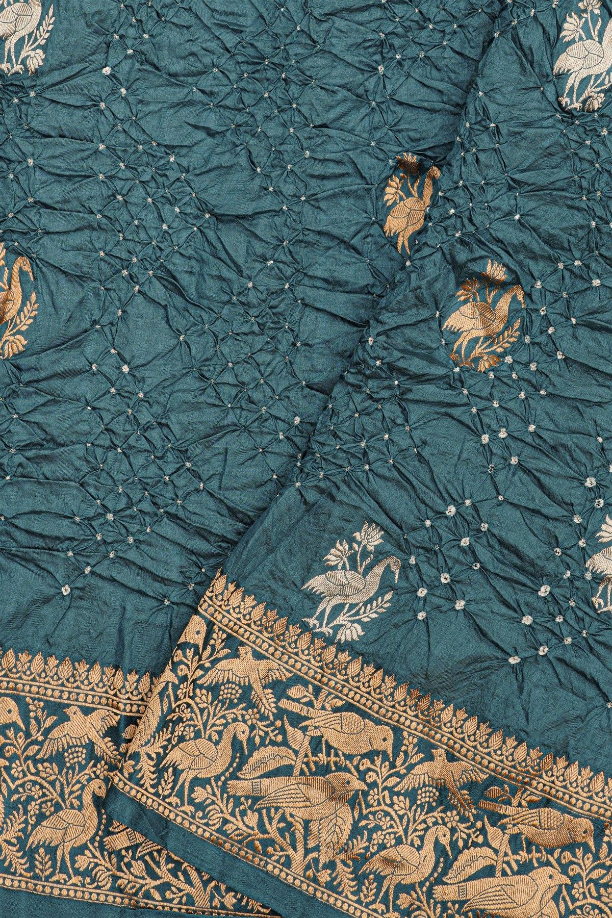 Bandhani Silk Teal Blue Saree With Swans In Bandhani Body