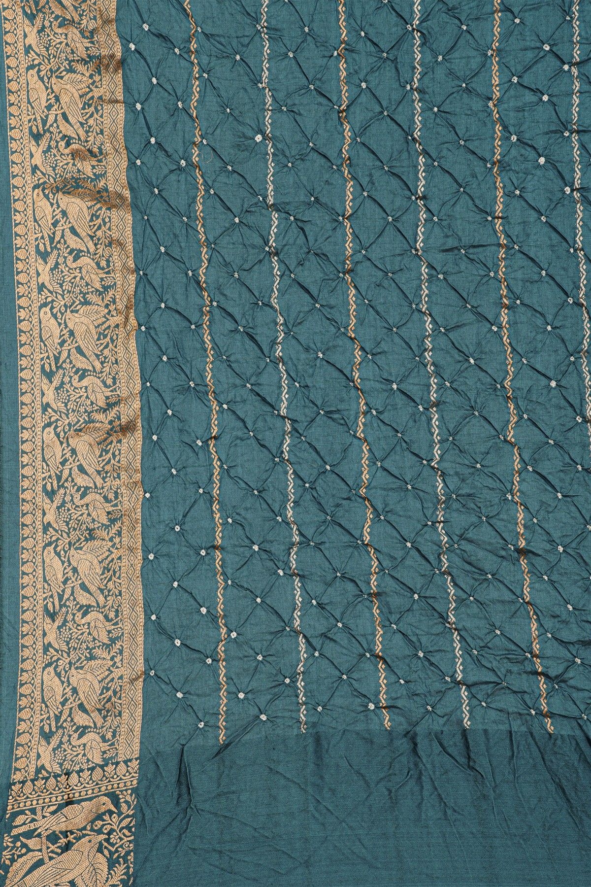 Bandhani Silk Teal Blue Saree With Swans In Bandhani Body