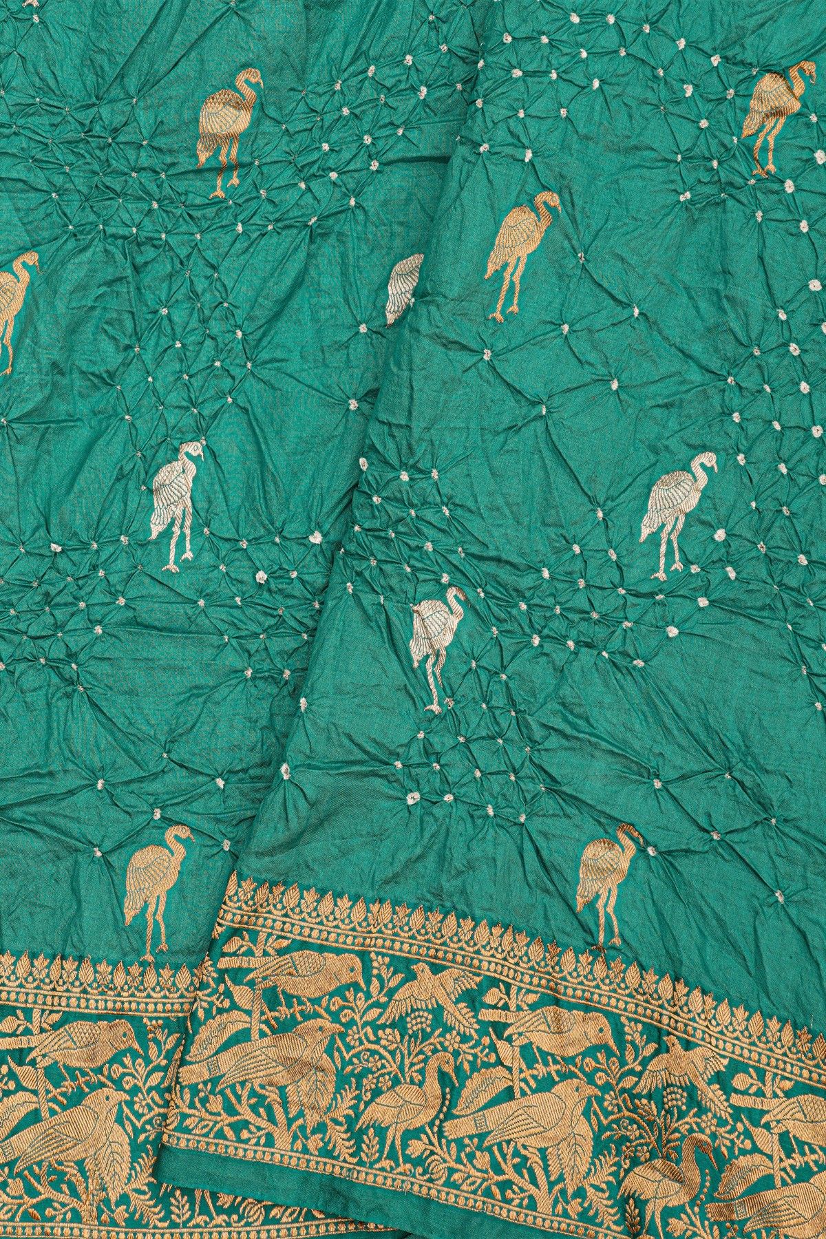 Bandhani Silk Sea Green Saree With Swans In Bandhani Body