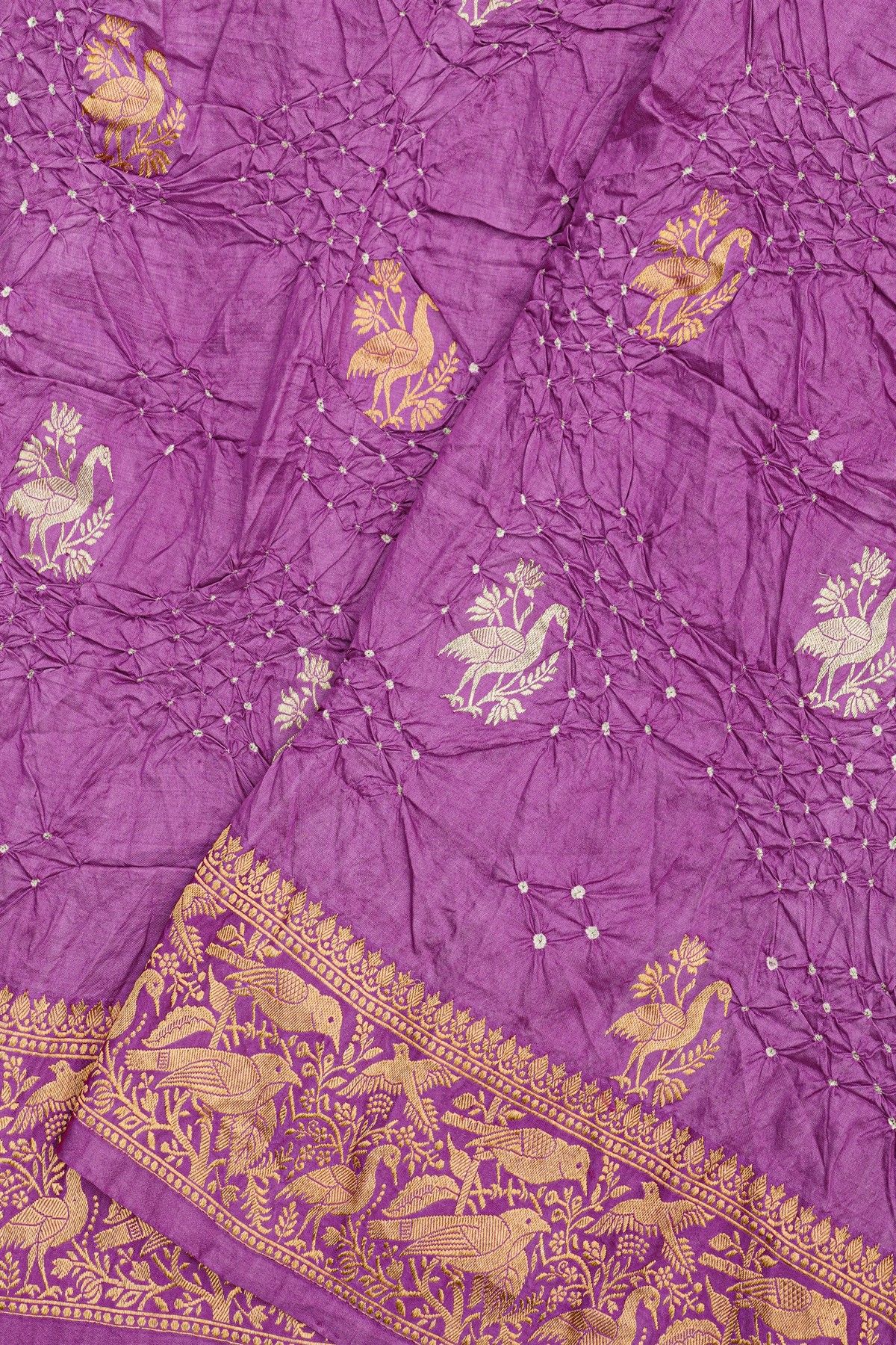 Bandhani Silk Lavender Saree With Swans In Bandhani Body