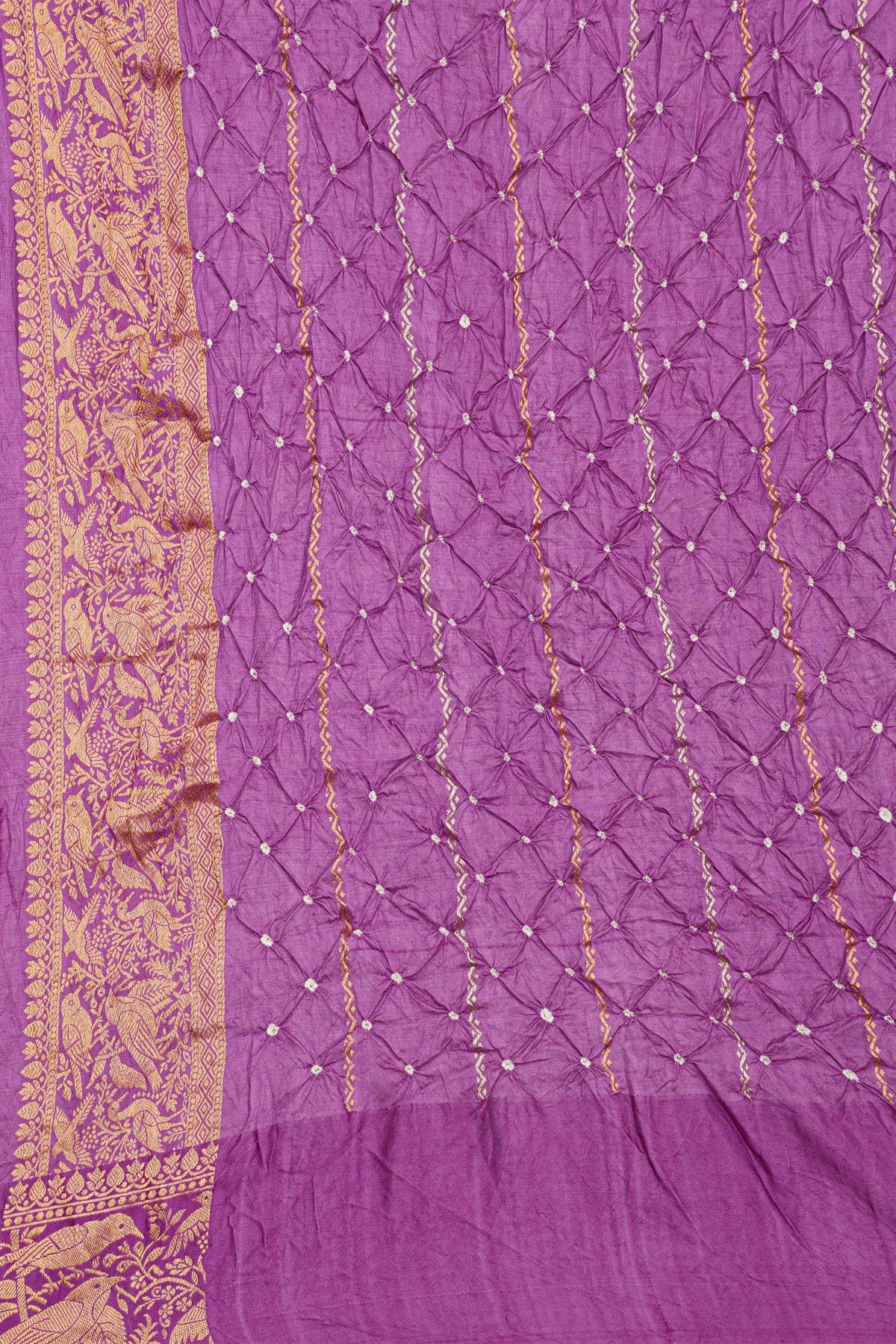 Bandhani Silk Lavender Saree With Swans In Bandhani Body