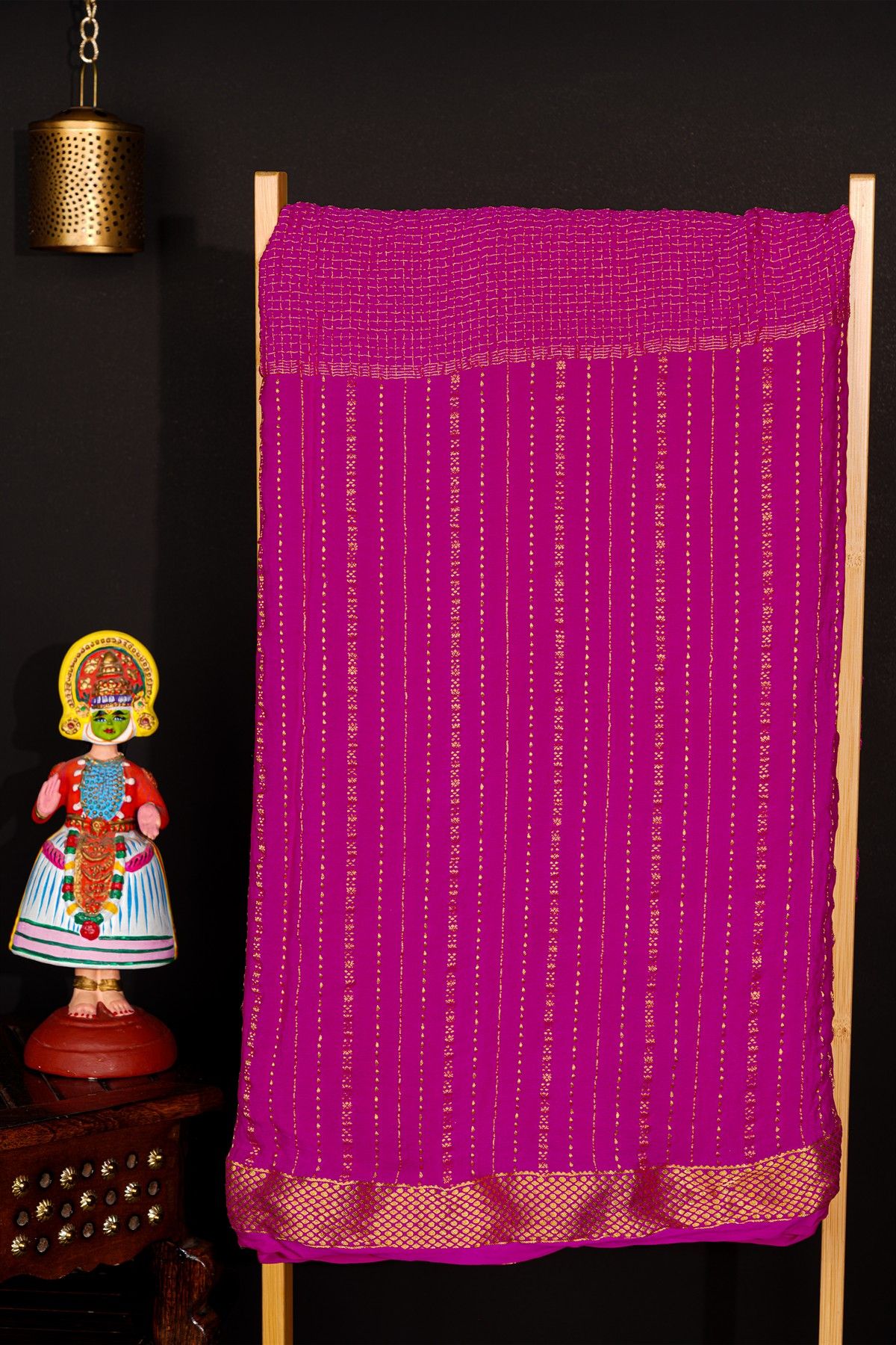 Bandhani Georgette Rani Pink Saree With Zari Lines In Bandhani Dots Body