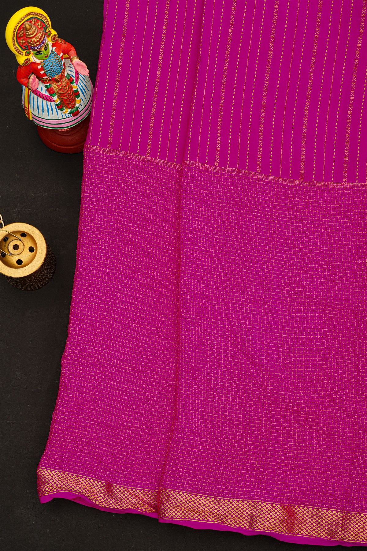 Bandhani Georgette Rani Pink Saree With Zari Lines In Bandhani Dots Body