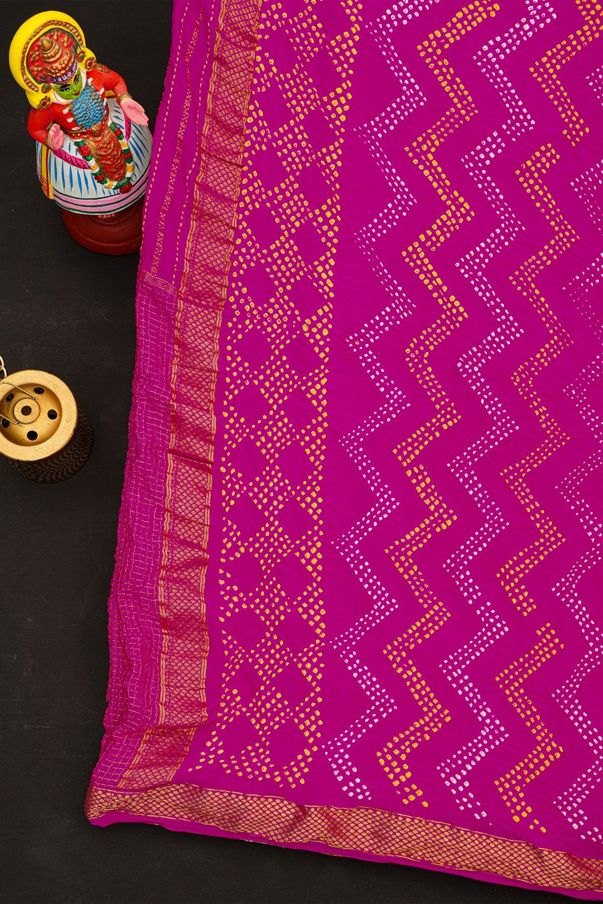 Bandhani Georgette Rani Pink Saree With Zari Lines In Bandhani Dots Body