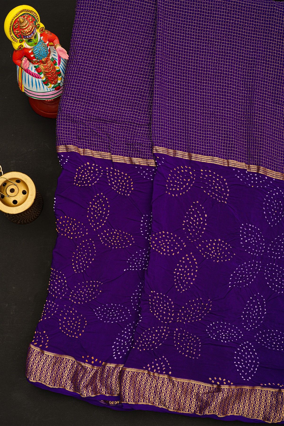 Bandhani Georgette Violet Saree With Bandhani Dots Body