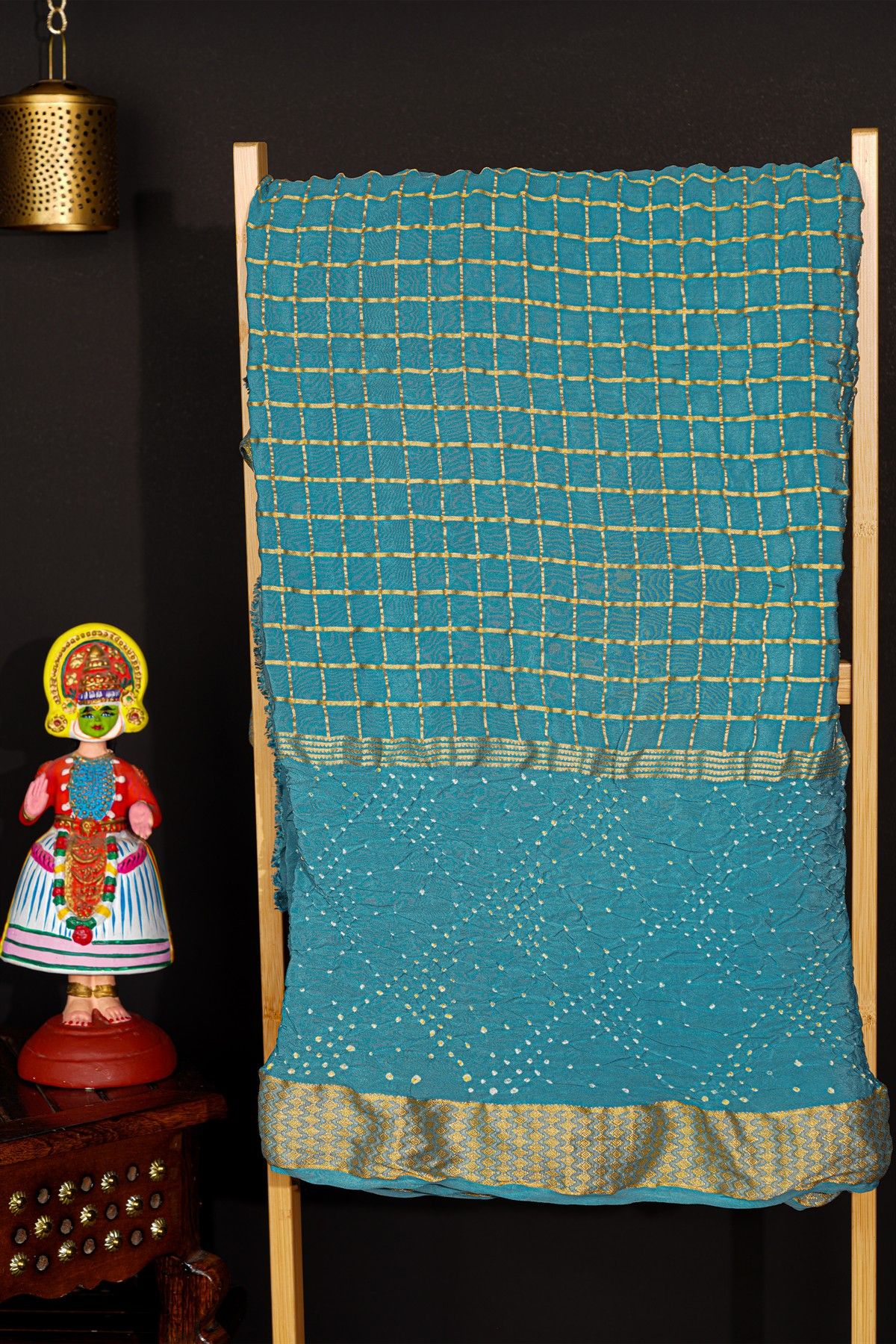 Bandhani Georgette Sky Blue Saree With Zari Kaddi Border