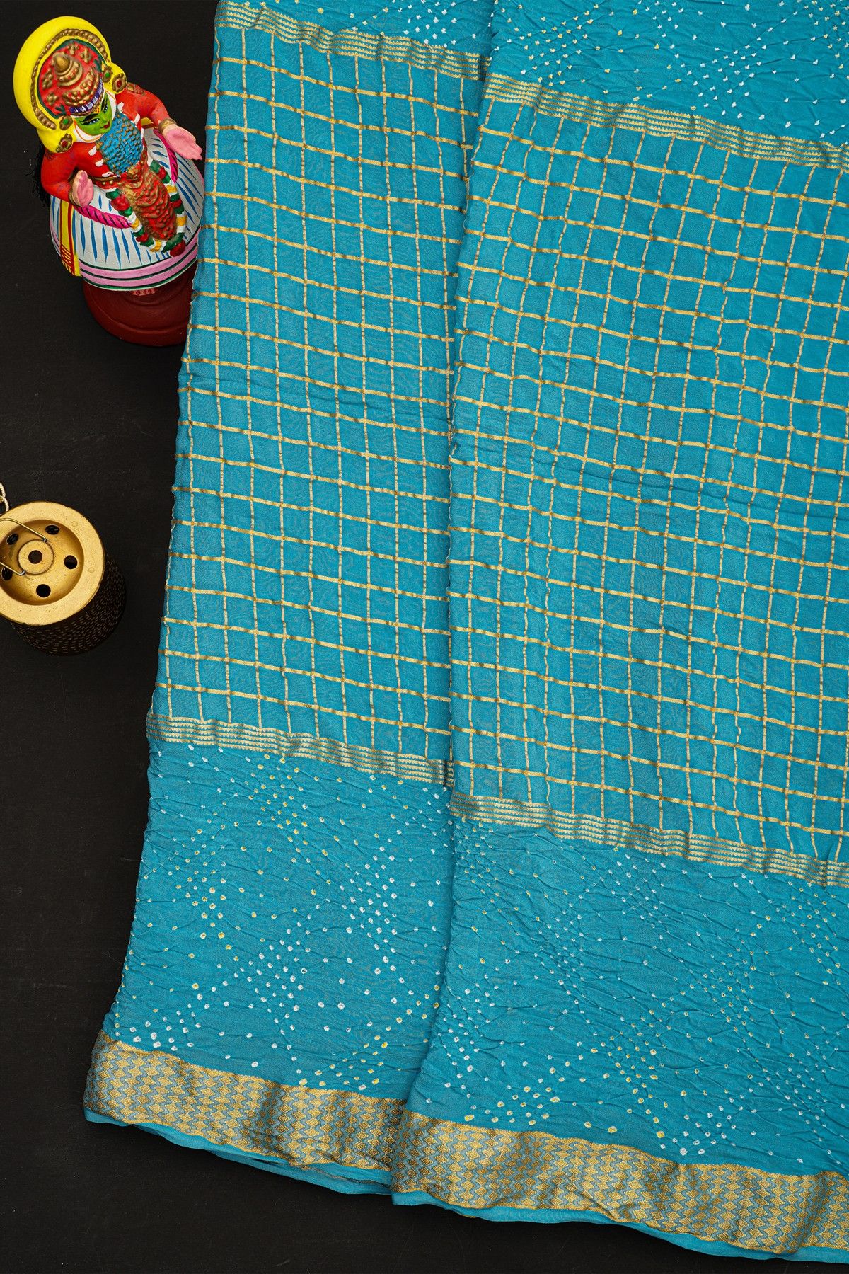 Bandhani Georgette Sky Blue Saree With Zari Kaddi Border