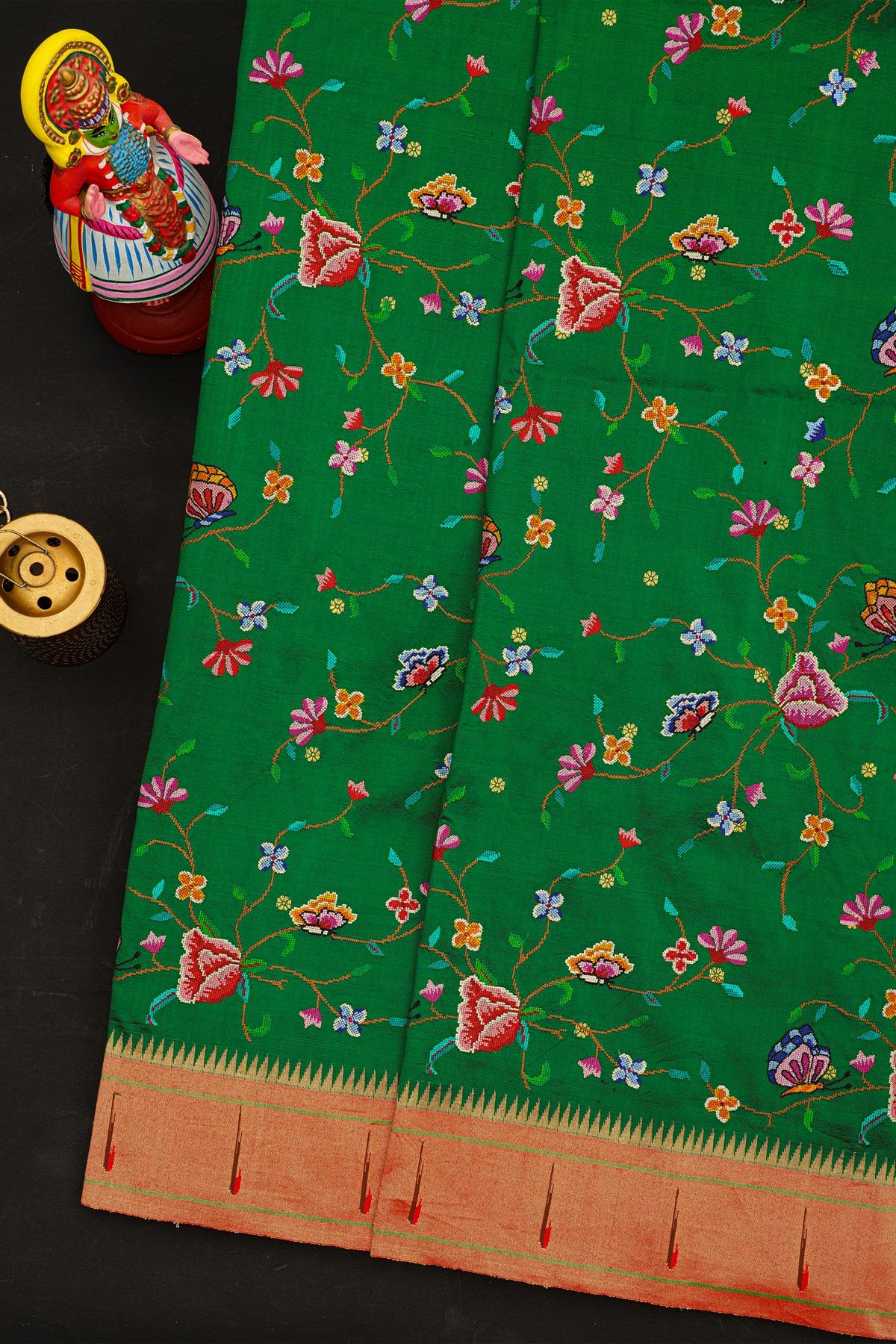 Fusion Paithani Silk Bottle Green Saree With Thread Work And Muniya Border