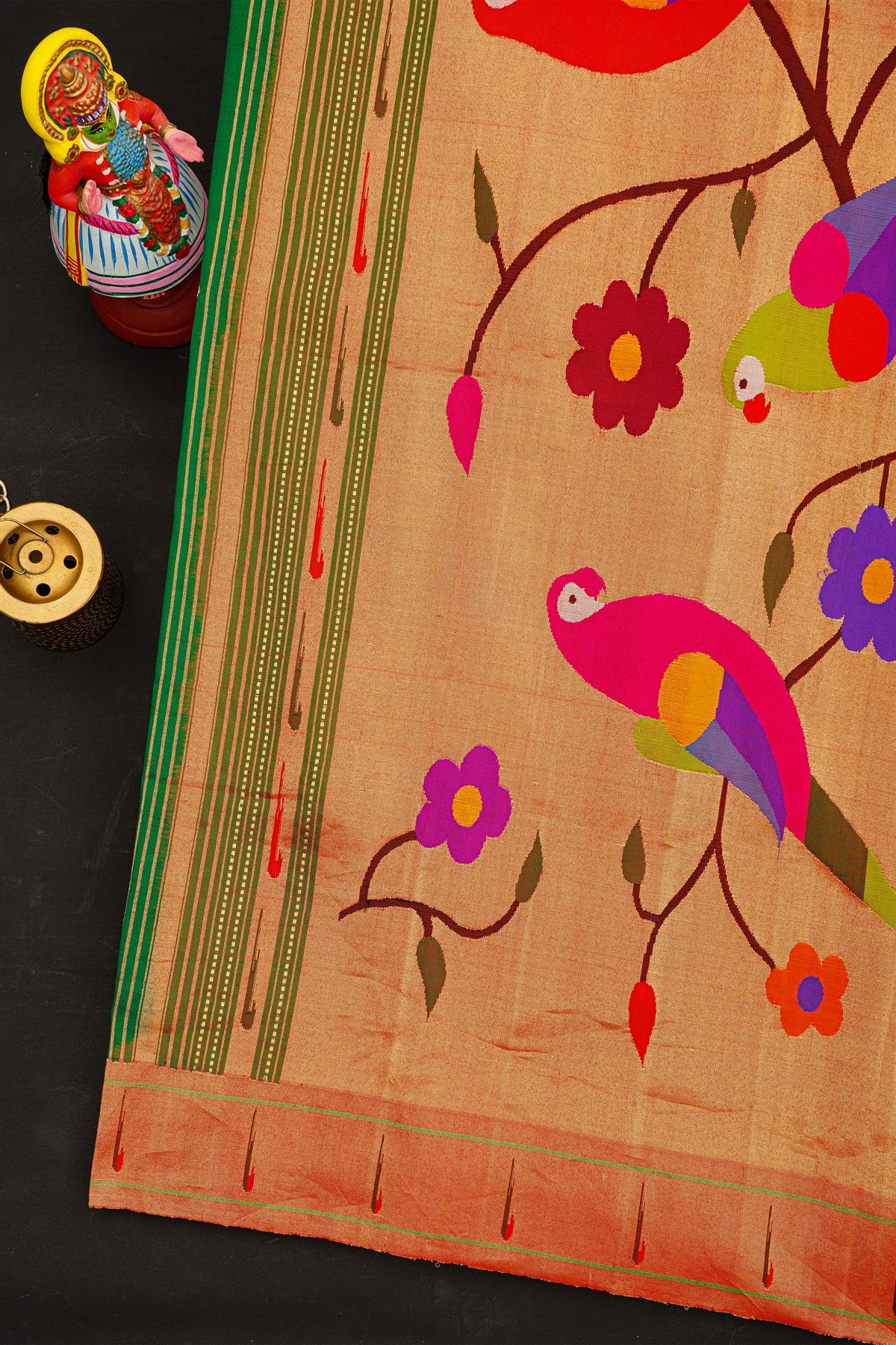 Fusion Paithani Silk Bottle Green Saree With Thread Work And Muniya Border