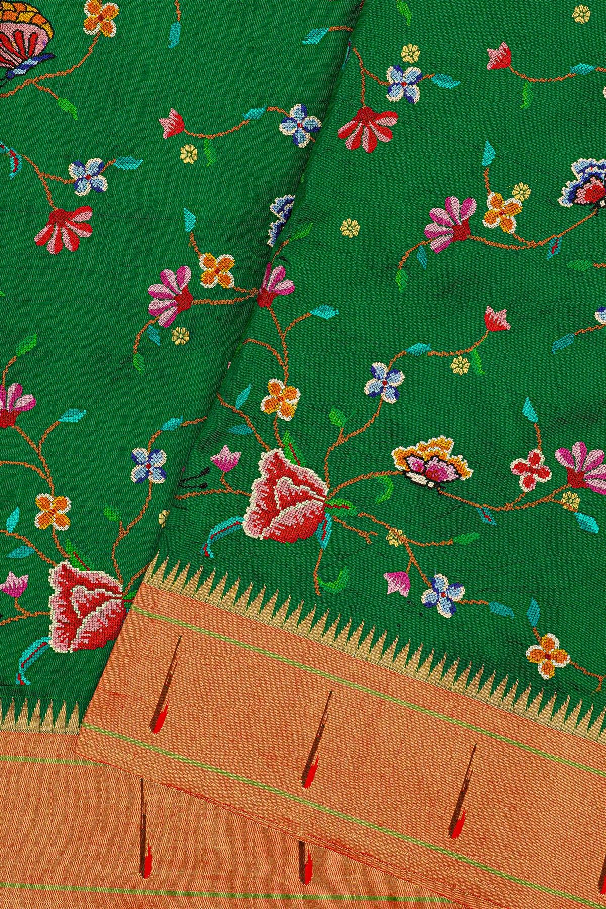 Fusion Paithani Silk Bottle Green Saree With Thread Work And Muniya Border