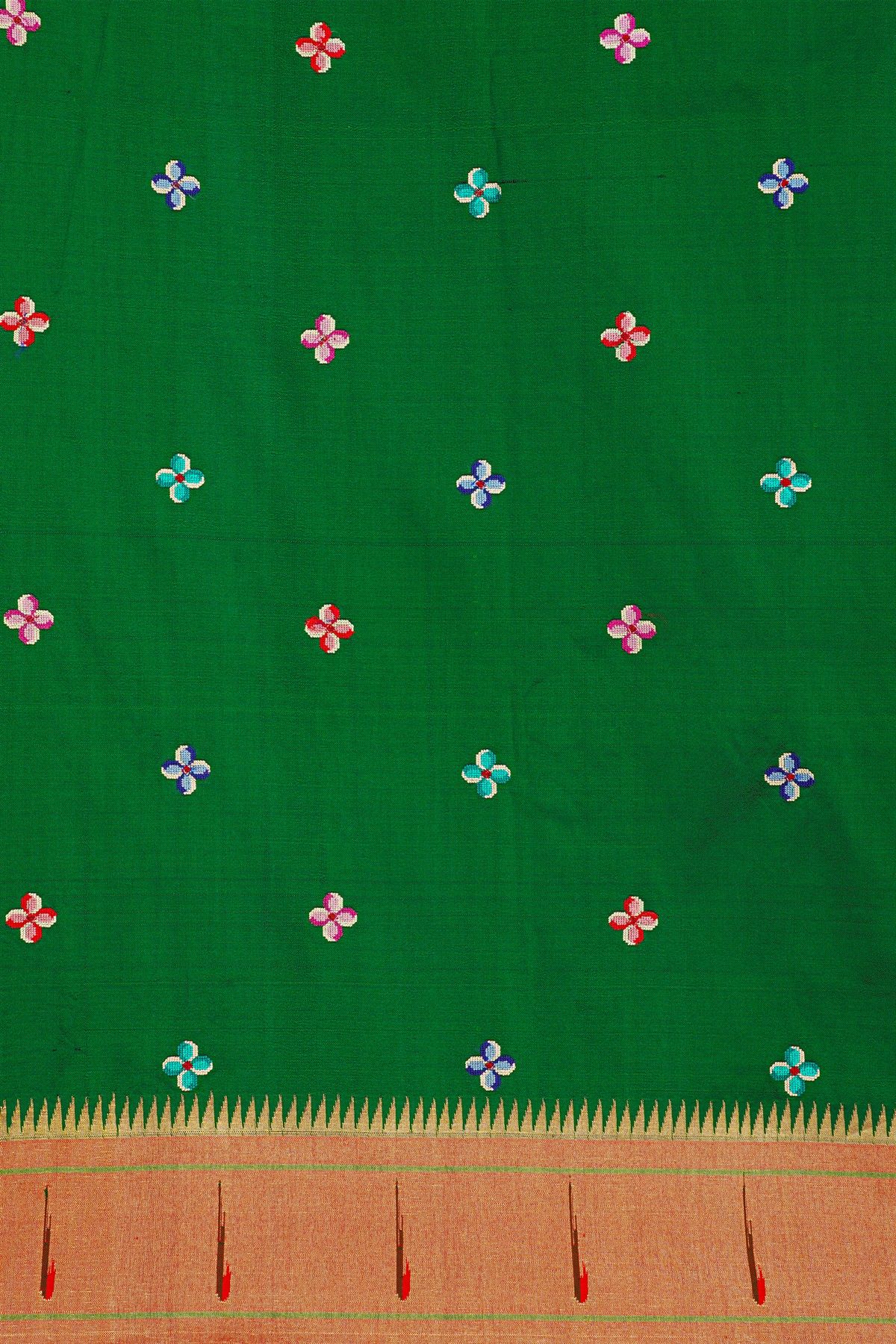 Fusion Paithani Silk Bottle Green Saree With Thread Work And Muniya Border