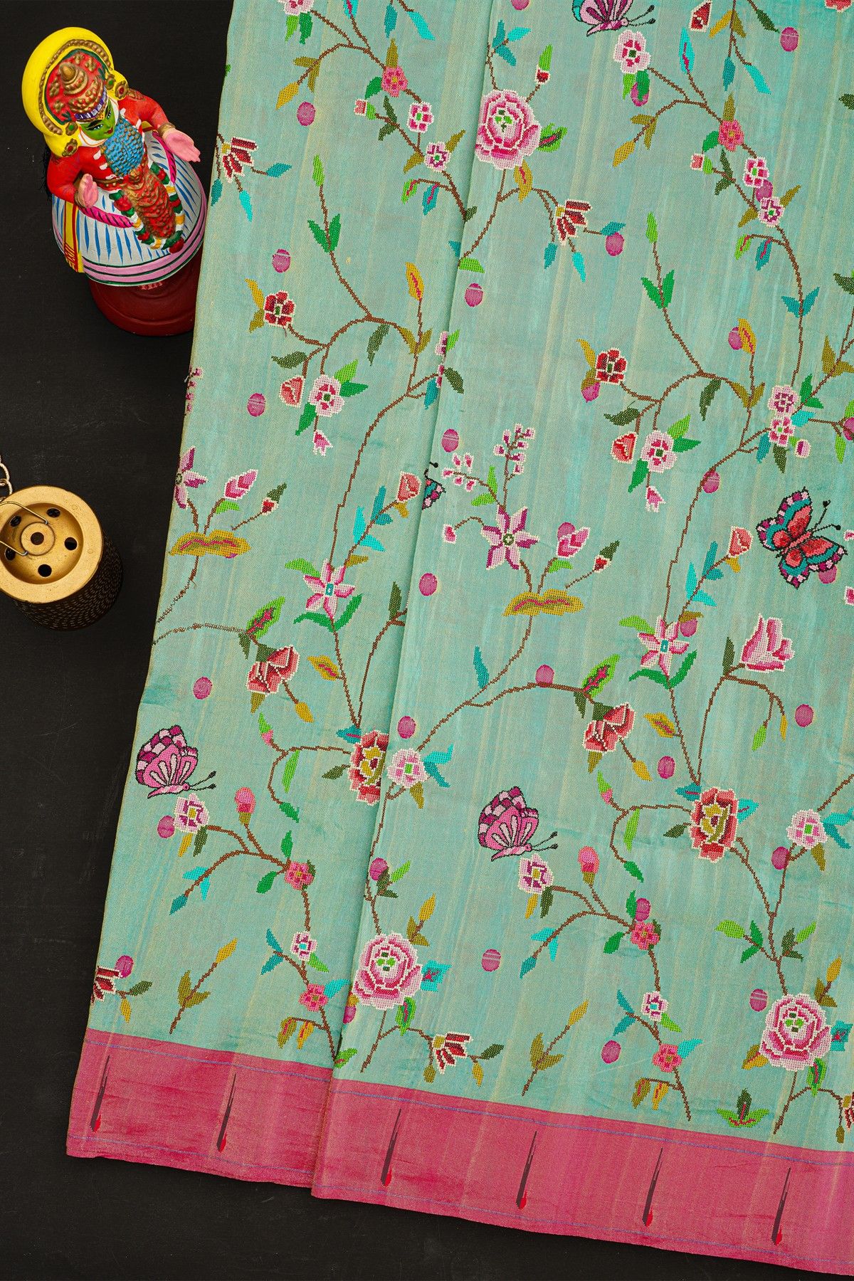 Fusion Paithani SIlk Sea Green Saree With Thread Work And Muniya Border