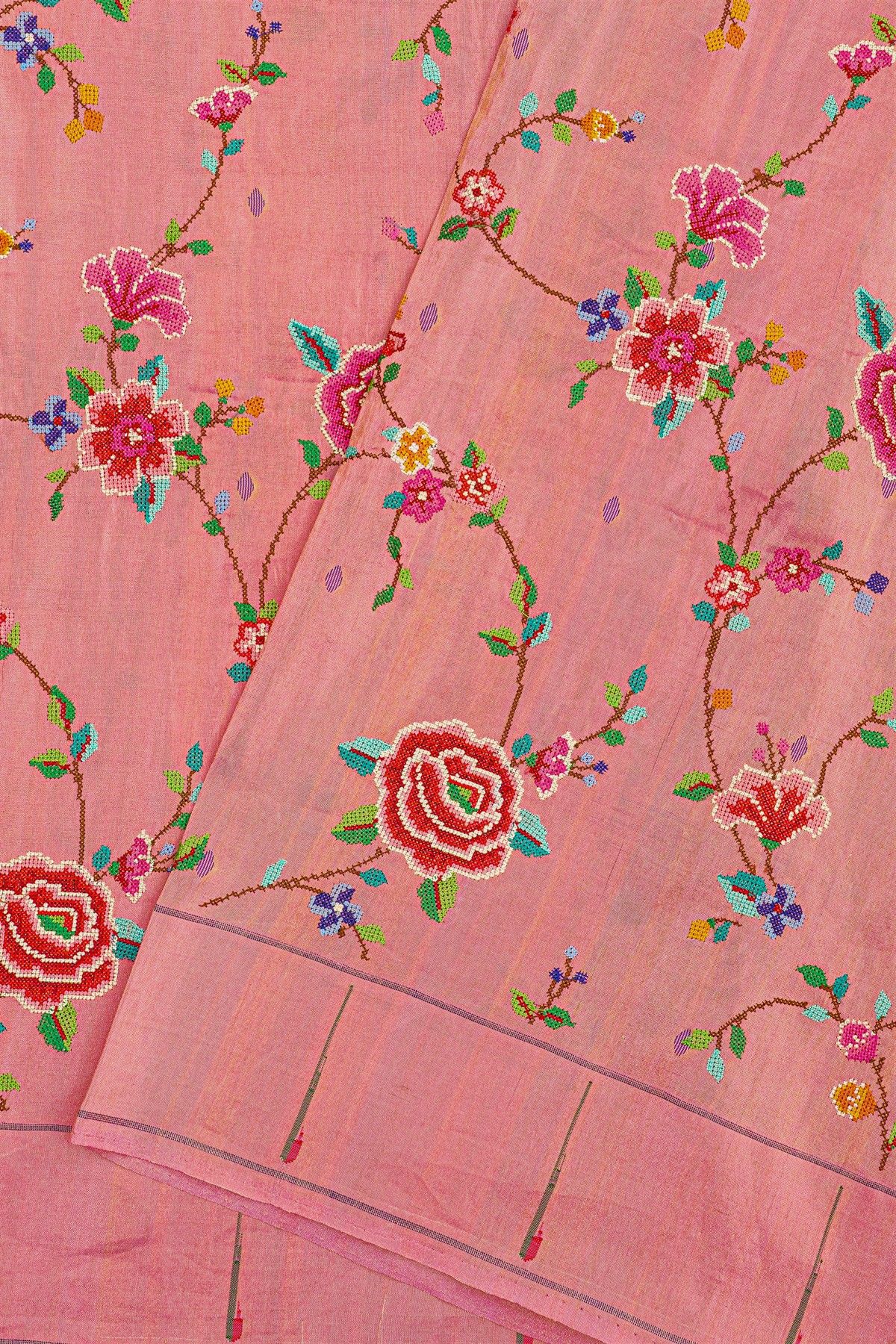Fusion Paithani SIlk Baby Pink Saree With Thread Work And Muniya Border
