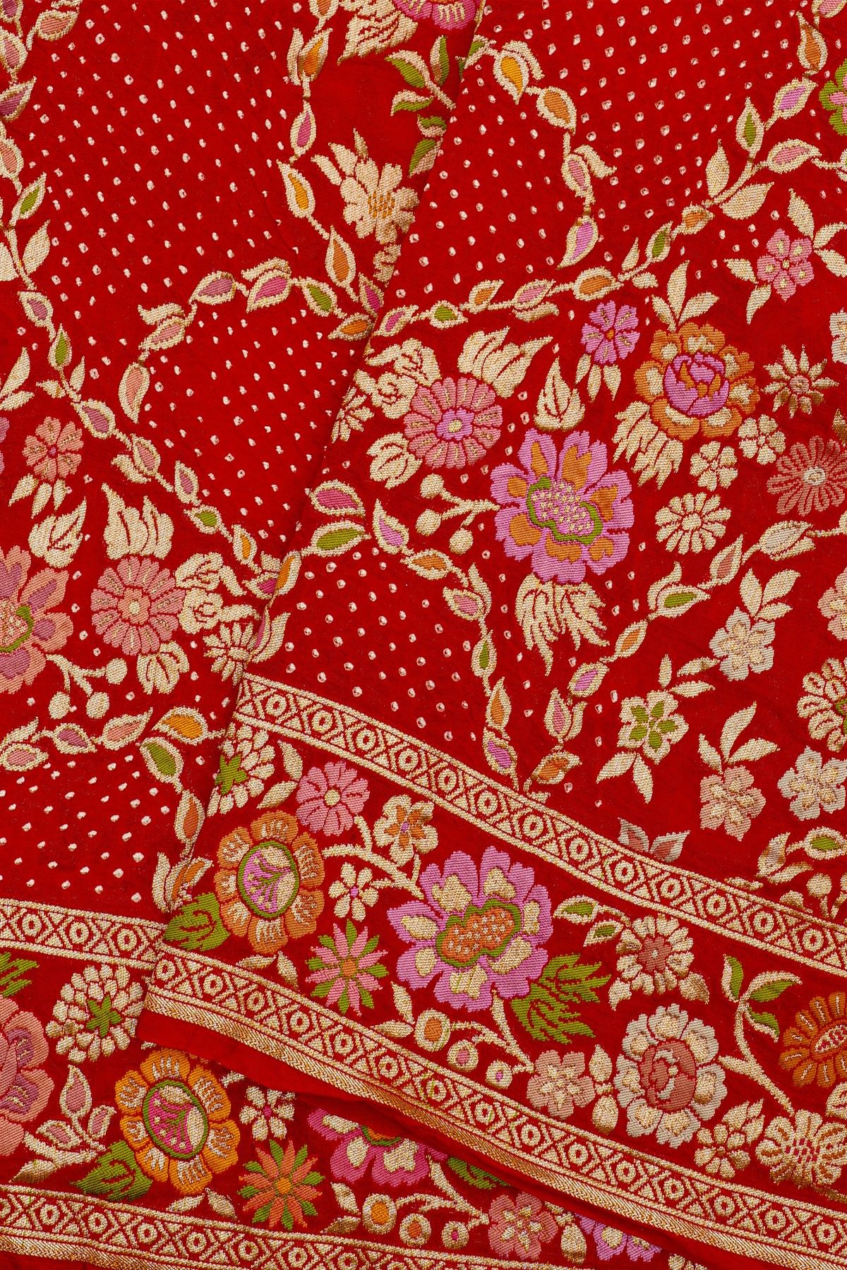 Pure Bandhani Kaddi Georgette Red Saree WIth All Over Florals In Jaal